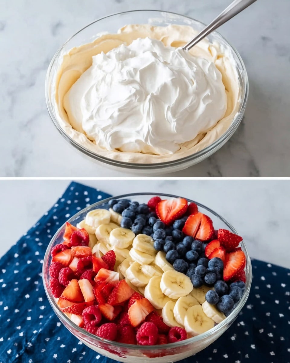 A clear glass bowl is shown with two layers inside; the bottom layer is smooth and light beige cream, and the top layer is thick, white whipped cream with soft peaks and a fluffy texture on top. In the second image, the same clear glass bowl contains a layer of light beige cream at the bottom, topped with four sections of fresh fruit arranged neatly on top: bright red raspberries, pale yellow banana slices, deep blue blueberries, and red chopped strawberries. The bowl rests on a dark blue cloth with white polka dots, all set on a white marbled surface photo taken with an iphone --ar 4:5 --v 7