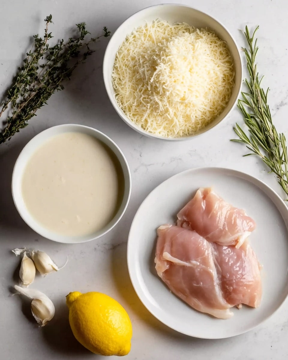 The image shows raw chicken on a white plate positioned at the bottom right. Above and to the left of the chicken, there is a bowl filled with grated cheese that looks fluffy and pale yellow, sitting in a white bowl. Next to the cheese bowl, on the left side, there is a bowl of creamy white sauce. To the right of both bowls is a bright yellow lemon. The surface is a white marbled texture with sprigs of rosemary placed near the chicken and garlic cloves on the top right area. Photo taken with an iphone --ar 4:5 --v 7