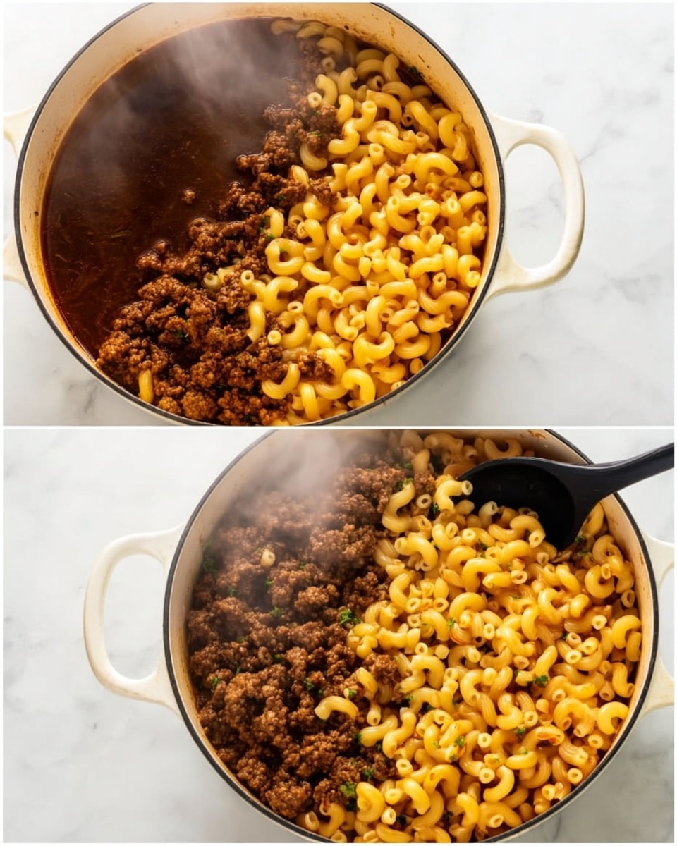 The images show a white pot filled with cooked elbow macaroni mixed with browned ground meat, resting on a white marbled surface. The first image shows the pasta and meat sitting on one side of the pot, with a dark brown broth or sauce filling the other side, and a black spoon partially dipped into the mix. In the second image, the pasta and meat are stirred together, steaming and evenly distributed throughout the pot, with the black spoon lifting some of the mixture. The colors are warm brown and yellow from the pasta and meat, and the steam creates a fresh cooked look. Photo taken with an iphone --ar 4:5 --v 7