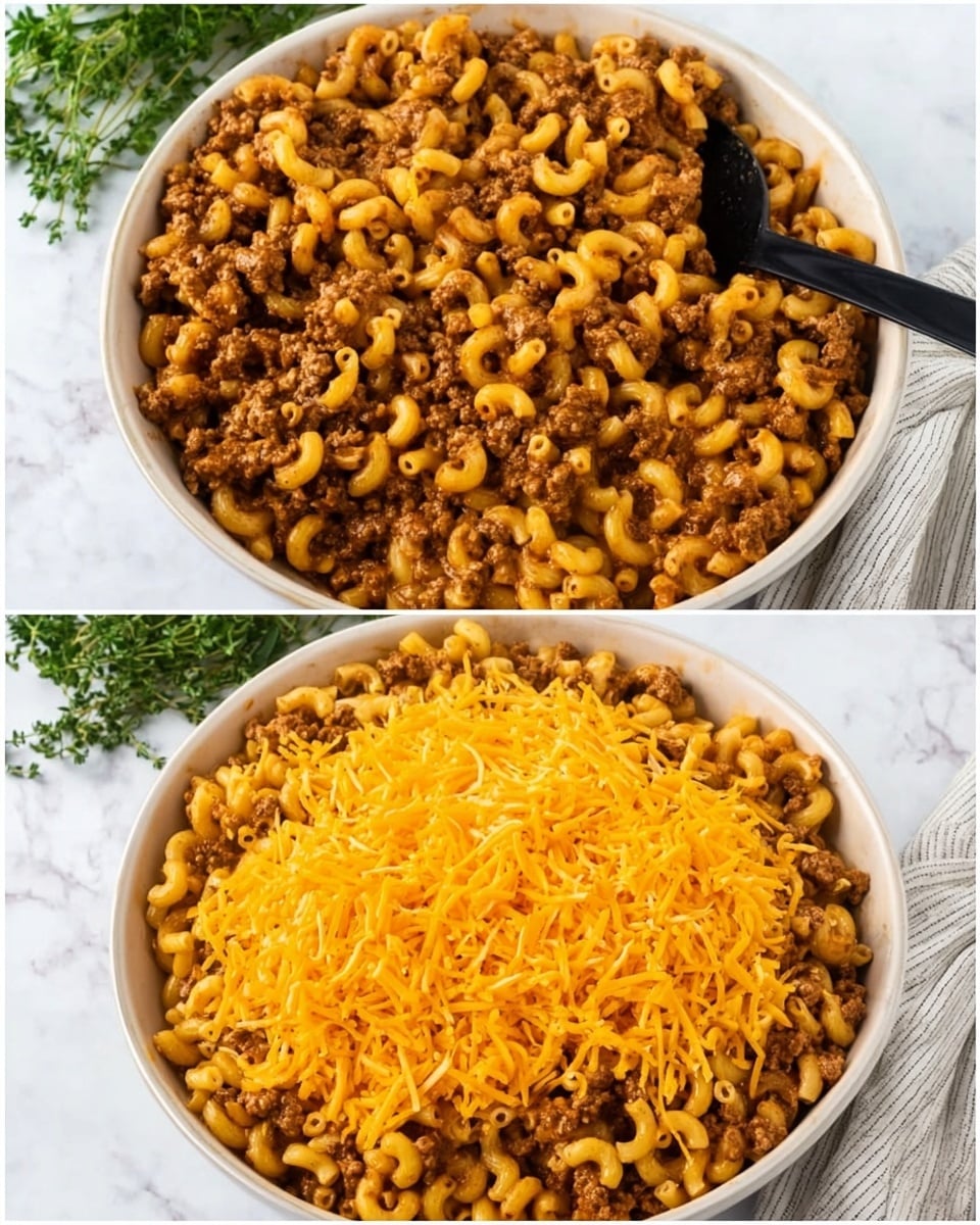 The image shows two views of a large round white bowl filled with cooked elbow macaroni mixed with ground meat and a brown sauce. The macaroni and meat fill the bowl evenly and have a soft texture, with a black spoon partly buried in the pasta on the left side in the first view. In the second view, the same bowl is topped with a thick layer of bright orange shredded cheese, completely covering the pasta underneath. Both bowls are set on a white marbled surface, with some green herbs and a folded white cloth nearby. Photo taken with an iphone --ar 4:5 --v 7
