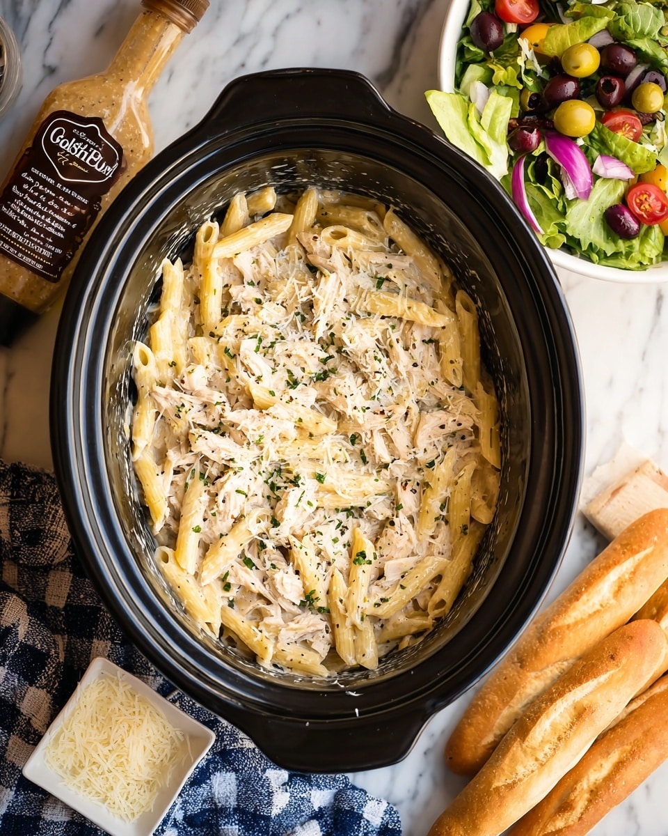 Inside a black slow cooker, there are two pieces of browned meat partially covered with a yellow, creamy sauce that has some white chunks of cheese melted on top. Around the slow cooker, there is a white bowl with yellow uncooked pasta, a skillet with golden bread rolls wrapped in a blue and white cloth, a white dish with grated cheese, and a salad with green leaves, sliced red onions, tomatoes, black olives, and yellow corn on a white marbled surface. A woman's hand is lightly touching the slow cooker edge. photo taken with an iphone --ar 4:5 --v 7
