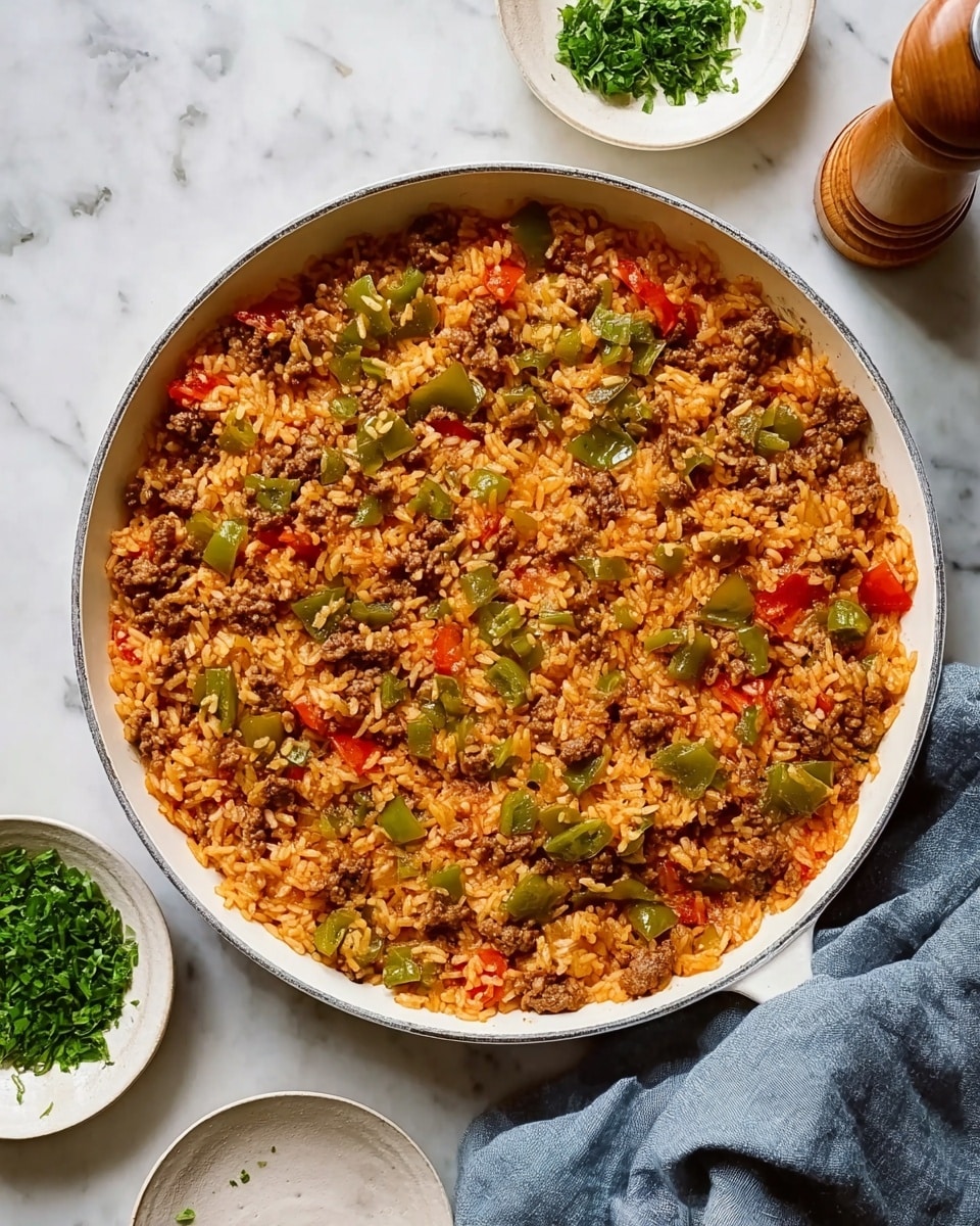 A white pan is filled with a cooked mixture of three main layers: evenly spread cooked rice with a light orange tint from sauce, mixed with small brown ground meat pieces and scattered bright green bell pepper chunks, dotted with small red tomato pieces. The pan sits on a white marbled surface with a wooden pepper grinder to the top right and two small white plates with chopped green herbs to the left. A crumpled blue-gray cloth is placed near the bottom right edge of the image. photo taken with an iphone --ar 4:5 --v 7