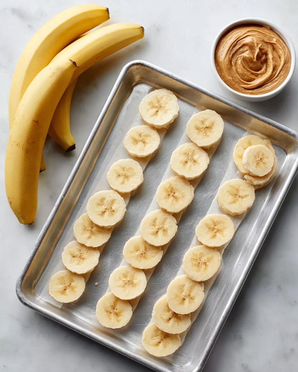 The image shows a metal baking tray on a white marbled surface. Inside the tray, there are four rows of evenly sliced banana pieces placed side by side in neat lines, each slice showing a pale yellow color with a slightly darker center. To the left of the tray, there are two whole yellow bananas, and to the right, a peeled banana skin is placed next to a small white bowl filled with creamy, light brown peanut butter. Photo taken with an iphone --ar 4:5 --v 7