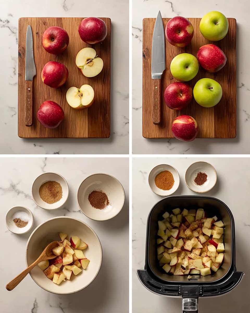 The image shows six photos arranged in a grid on a white marbled surface. The first photo has a wooden board with one whole red apple, one red apple cut in half showing its pale yellow inside, and a knife with a wooden handle lying next to them. The second photo displays the same wooden board with a mix of whole apples: red, green, and a yellow-red apple, along with a large knife with a black handle. The third, fourth, and fifth photos show a white bowl with light speckles filled with chopped apples and different brown spices on top, with a wooden spoon resting inside, and two small white bowls with brown and beige powders nearby. The last photo shows the white bowl contents placed inside a black air fryer basket with a grid bottom, visible chopped apple pieces and spices inside. photo taken with an iphone --ar 4:5 --v 7
