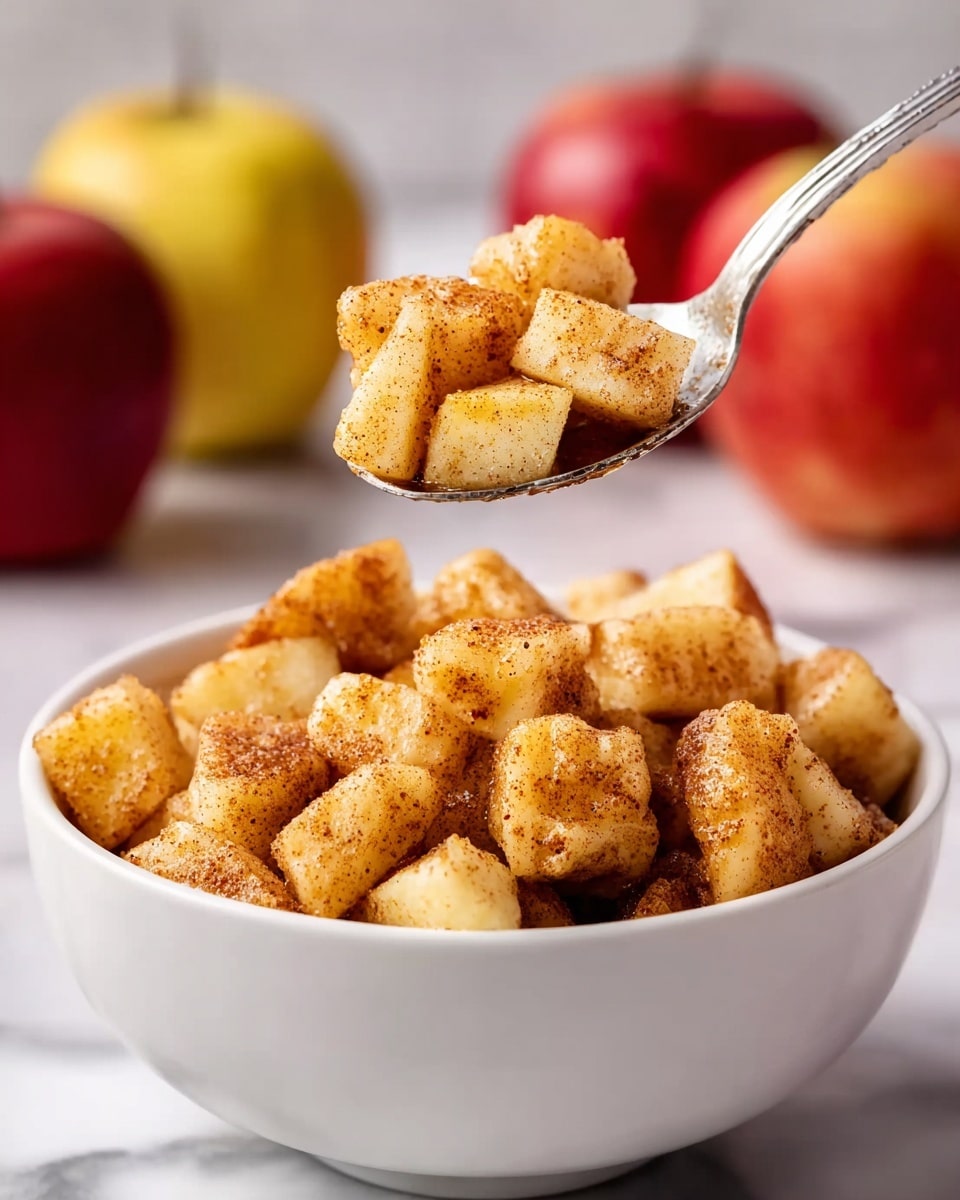 A white bowl filled with small chunks of apples coated in a cinnamon and sugar mix, showing a warm mix of light yellow and brown colors. A silver spoon lifts some of the apple pieces, highlighting their soft texture and cinnamon coating. The bowl rests on a white marbled surface, and the background contains blurry apples in red and yellow tones. Photo taken with an iphone --ar 4:5 --v 7