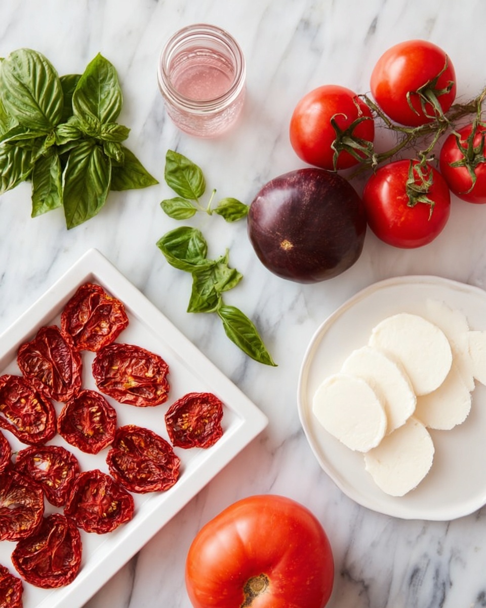 The image shows a white marbled surface with fresh and dried ingredients arranged neatly. On the left side, there is a white tray filled with small round dried red tomato slices in one layer, looking slightly wrinkled and roasted. Above it, fresh bright green basil leaves are scattered loosely. At the top left corner, there is a small glass jar filled with pinkish liquid. To the right, there are two dark purple tomatoes with a smooth shiny texture, next to one large red tomato with a rich color and round shape. On the far right, a cluster of four red tomatoes on the vine is placed. Above them, a white plate holds four evenly spaced slices of white cheese with a soft and smooth texture. All ingredients are laid out on the white marbled surface. Photo taken with an iphone --ar 4:5 --v 7