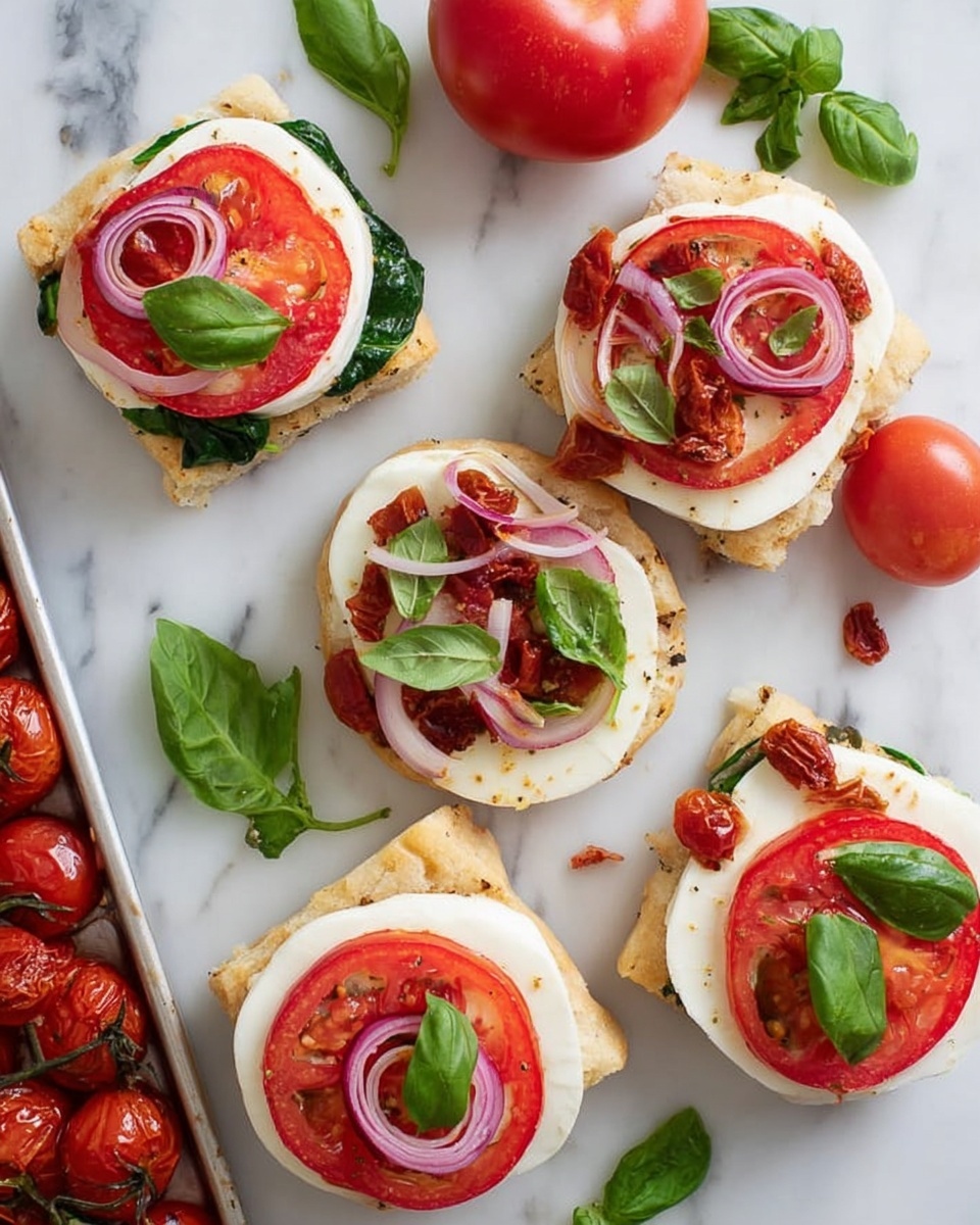 The image shows four small white focaccia bread sandwiches on a white marbled surface. Each sandwich has a bottom layer of focaccia bread, followed by green spinach leaves, then thick white mozzarella slices. On top of the cheese are red tomato slices, with some sandwiches also having small sun-dried tomatoes and pink pickled onion rings with fresh green basil leaves as garnish. The sandwiches are open-faced with the top piece of focaccia either resting beside or slightly covering the fillings. Fresh basil leaves and a whole red tomato are scattered around the sandwiches, along with a tray of roasted cherry tomatoes at the bottom left corner. Photo taken with an iphone --ar 4:5 --v 7