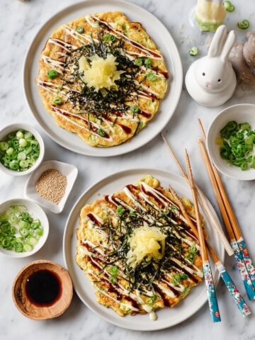 Vegan Okonomiyaki with Cabbage, Scallions, and Toppings Recipe