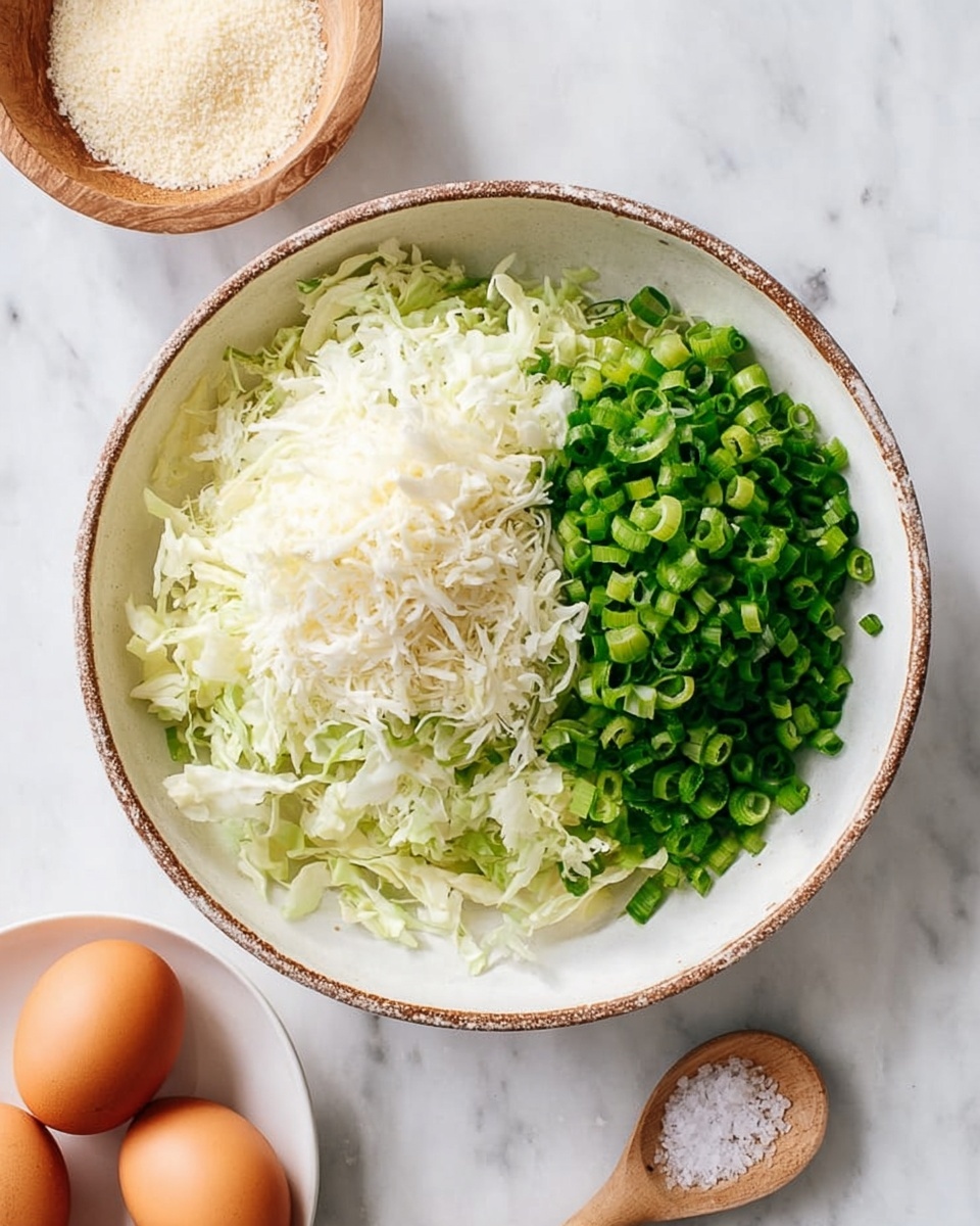 A white bowl with a rough brown rim contains two main layers of food: one half is filled with finely shredded white cabbage with a soft texture, and the other half is bright green chopped scallions that look fresh and crisp. The bowl sits on a white marbled surface. Nearby, a small wooden bowl holds white grains, likely rice or breadcrumbs. Below the bowl, there is a white ceramic plate with three brown eggs arranged closely. A small wooden spoon with white salt grains is partially visible in the lower part of the image. Photo taken with an iphone --ar 4:5 --v 7