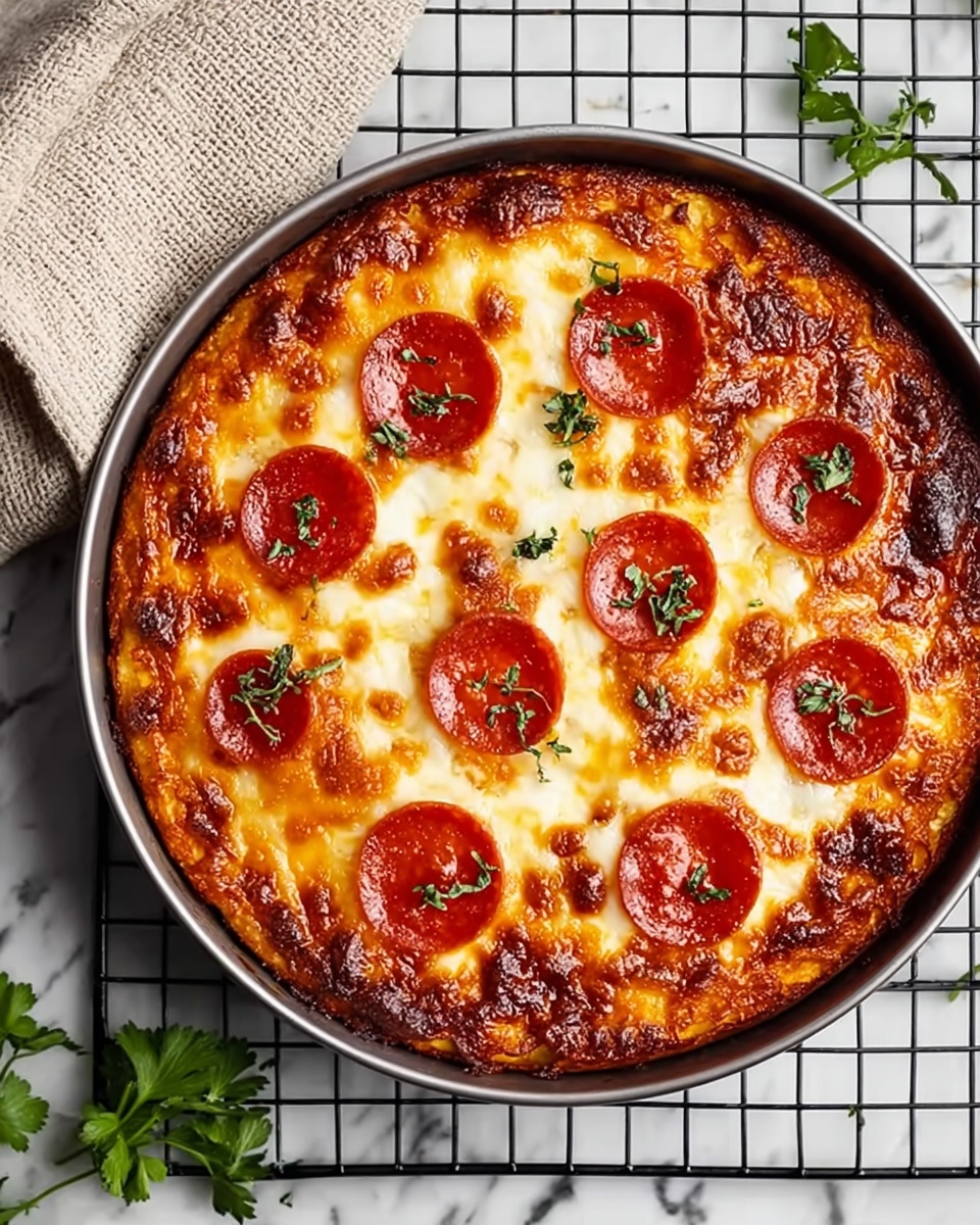 A round metal pan filled with a baked dish showing a thick top layer of melted golden brown cheese with some darker browned spots. On top, there are seven evenly spaced shiny red pepperoni slices, each garnished with small green herb leaves. The edges of the cheese are slightly crispy and browned. The pan rests on a black metal cooling rack over a white marbled surface. A piece of beige textured cloth is tucked under the pan on the upper left side, and fresh green herbs are scattered near the bottom left and right corners. Photo taken with an iphone --ar 4:5 --v 7