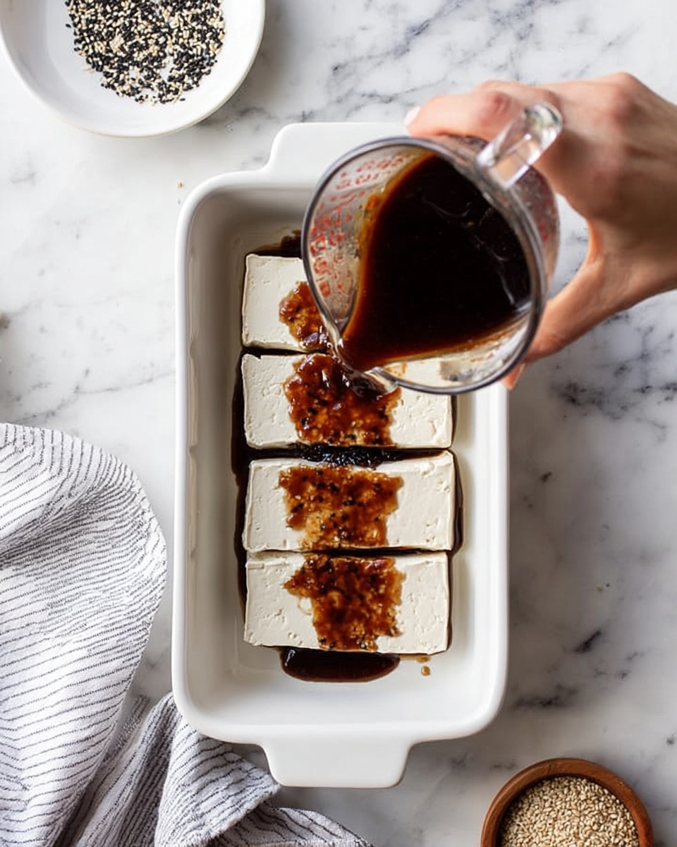 A white rectangular dish holds four large rectangular pieces of tofu arranged in a row. Each tofu block is pale white with a smooth texture, and a dark brown sauce is being poured over them from a clear measuring cup held by a woman's hand above. The sauce spreads across the tofu in thick, uneven patches. Around the dish, there is a white marbled surface with a small round white plate containing black and white sesame seeds on the left, a gray cloth with white stripes, and a tiny bowl with more seeds at the bottom right. Photo taken with an iphone --ar 4:5 --v 7