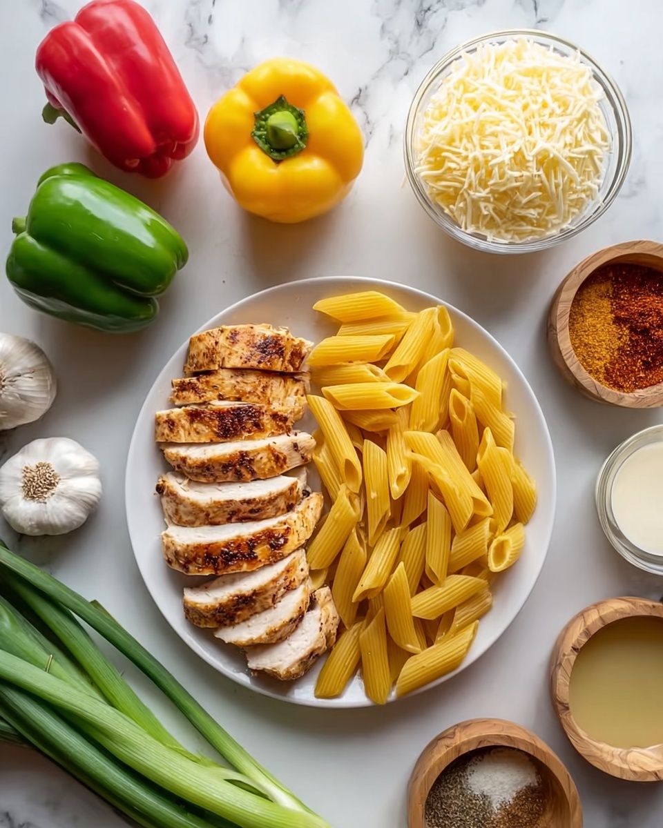 A white plate holds two main parts: on the right side, there is yellow penne pasta neatly stacked, and on the left side, there are six slices of grilled chicken with a brown cooked surface and white inside, arranged in a row. The plate is set on a white marbled surface. Around the plate, there are three whole bell peppers—one yellow-green, one yellow, and one red—along with a glass bowl of shredded cheese, a small wooden bowl with reddish-brown spices, a glass with a light yellow liquid, a small bowl of cream, two garlic bulbs, and a group of green onions at the bottom left. Photo taken with an iphone --ar 4:5 --v 7