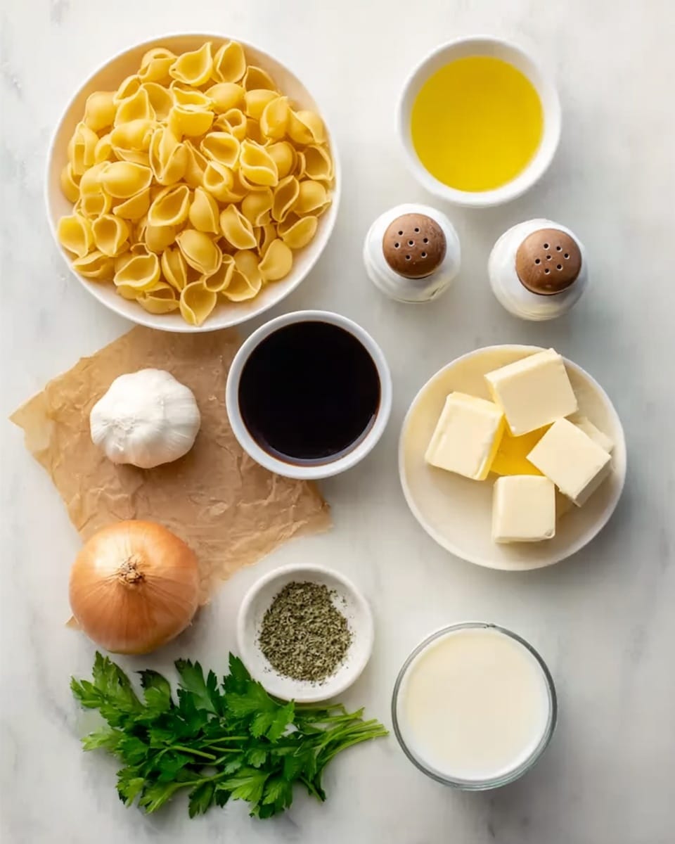 The image shows a flat lay of cooking ingredients arranged neatly on a white marbled surface. In the top left, there is a white bowl filled with yellow shell pasta. To the right, a white cup holds bright yellow olive oil. Below the pasta, a small white bowl holds dark brown soy sauce, and next to it on the right, a white bowl contains three blocks of pale yellow butter. At the bottom right, a small glass filled with creamy white milk is visible. Near the bottom left center, there is a whole light brown onion, a bulb of garlic, and a small white bowl filled with green dried herbs. On the lower left corner, some fresh green parsley leaves are placed next to a piece of pale yellow cheese resting on brown parchment paper. Two small glass shakers with wooden and white tops complete the scene. photo taken with an iphone --ar 4:5 --v 7