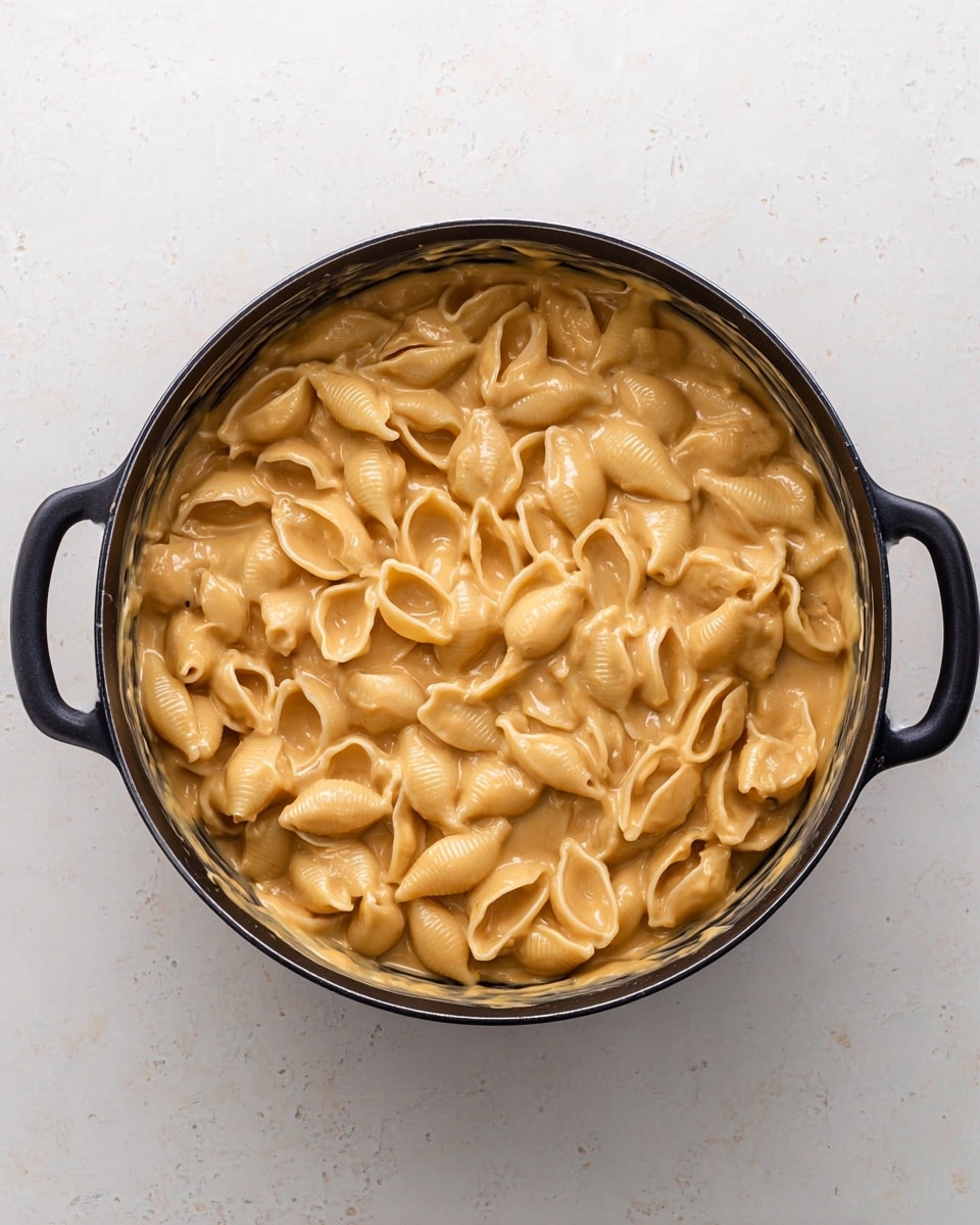 A top view shows a black pot filled with pasta shells covered in a thick, creamy, light brown sauce. The sauce coats all the pasta shells evenly, making them look smooth and soft. The pot has two handles on each side and sits on a white marbled surface. There are no other visible ingredients or garnishes in the pot photo taken with an iphone --ar 4:5 --v 7