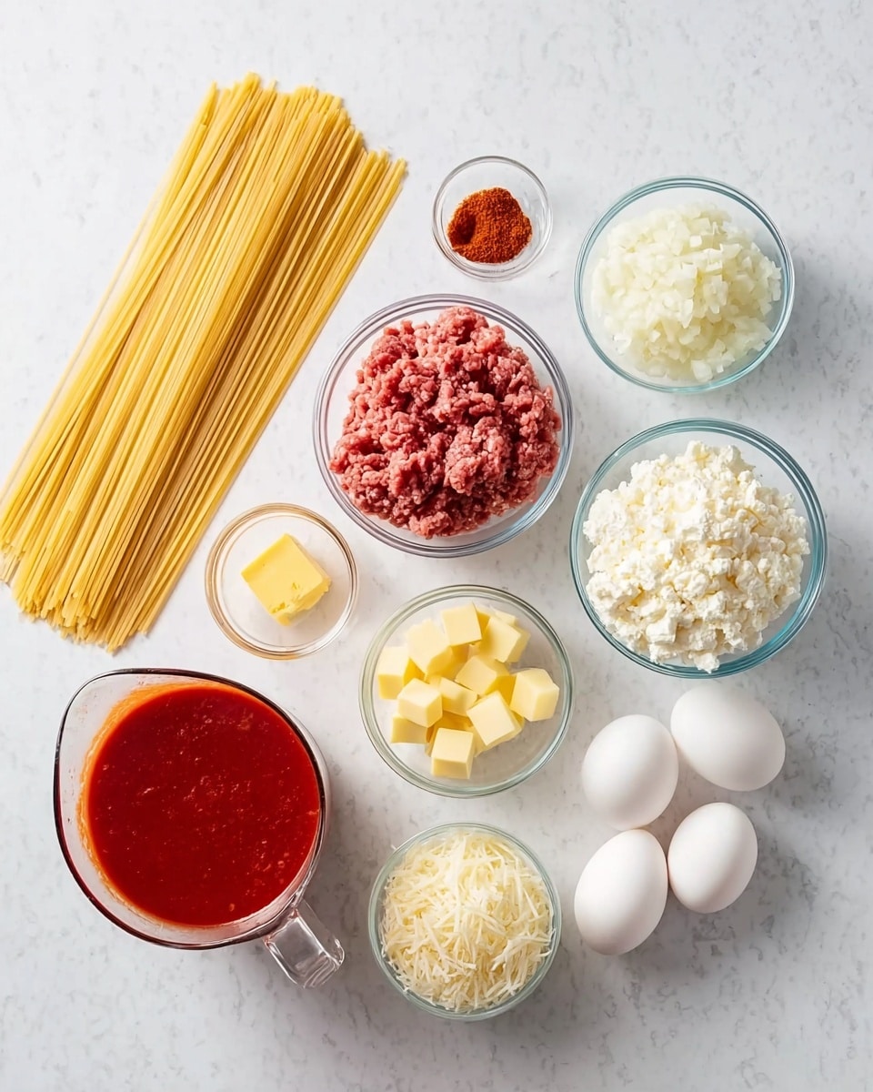 The image shows multiple clear glass bowls and one glass cup placed on a white marbled surface. On the left, there is a loose bundle of uncooked spaghetti pasta in a pale golden color. Moving right, there is a small bowl of finely chopped white onions, a small bowl of bright red ground spice, and a small bowl with three cubes of yellow butter. Above these is a bowl with fresh raw ground red meat. Below the butter and onions is a bowl filled with white cottage cheese, next to that is a bowl of grated pale yellow cheese, and beside grated cheese is a clear glass measuring cup filled with deep red tomato sauce. Finally, two whole white eggs are placed between the onions and grated cheese. The scene is bright and clean with soft light. photo taken with an iphone --ar 4:5 --v 7