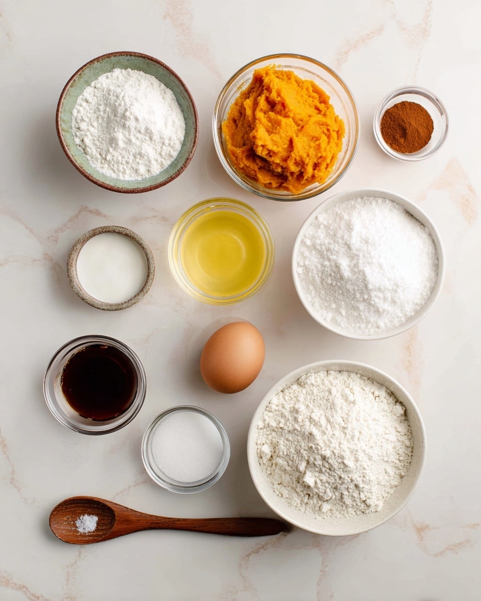 The image shows various baking ingredients neatly arranged on a white marbled surface. There are nine small bowls and one wooden spoon, each holding different ingredients: the top right bowl contains a bright orange mashed pumpkin, below it a glass bowl with a yellow liquid, and next to that, a single brown egg. At the bottom right is a bowl of white flour with visible texture, while the center left bowl holds a large pile of white powdered sugar. Above the powdered sugar is a bowl with white granulated sugar, and above that a smaller glass bowl with a white powder that looks like baking powder. At the bottom left, two glass bowls sit side by side—one with dark brown vanilla extract and next to it a bowl with ground cinnamon. Lastly, a wooden spoon with salt is placed on the left side. The setup is clean and softly lit, capturing a clear view of each ingredient photo taken with an iphone --ar 4:5 --v 7