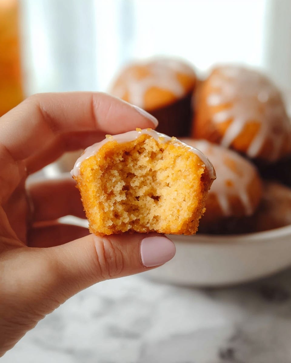 A close-up of a woman's hand holding a half-eaten orange cupcake with a light glaze on top, showing a soft, moist texture inside. In the blurred background, a white bowl holds more orange cupcakes. The scene is set on a white marbled surface with warm, bright natural light shining through a window. Photo taken with an iphone --ar 4:5 --v 7