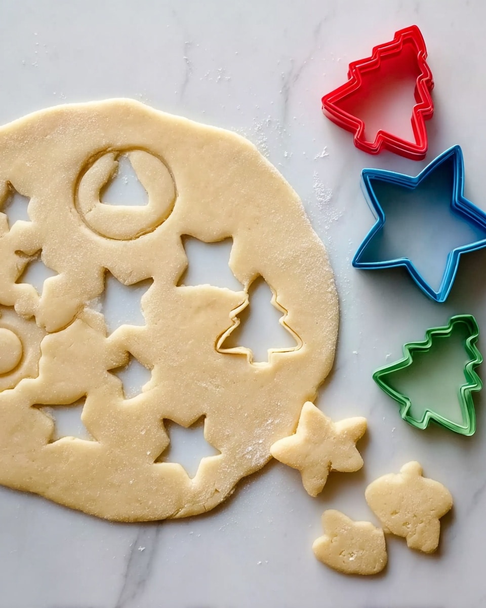 The image shows a thin round dough sheet with several shapes cut out, including stars, Christmas trees, and gingerbread men, scattered on a white marbled surface. To the right of the dough are three cookie cutters in red, blue, and green, shaped like a Christmas tree and star. There are also a few cookies already cut out and placed on the surface near the dough, showing a smooth pale yellow color and slightly textured edges. The scene looks bright and clean with soft natural light, highlighting the dough’s smooth, slightly flour-dusted texture. photo taken with an iphone --ar 4:5 --v 7