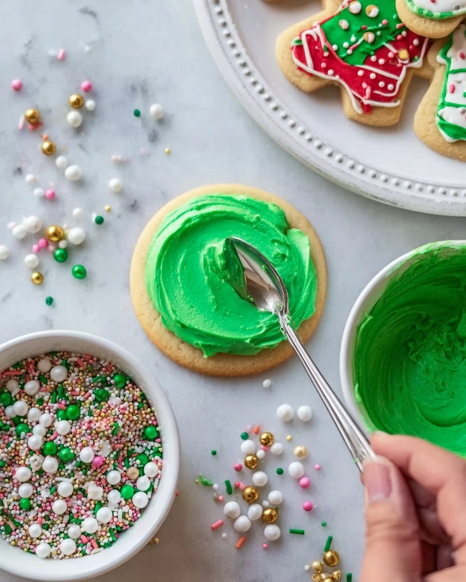 The image shows a soft round cookie being spread with thick, bright green icing using a spoon held by a woman's hand. The cookie has a smooth, pale golden base. Below the cookie, there is a white bowl filled with colorful sprinkles in various shapes and sizes, including white round balls, gold beads, and green and pink elongated pieces. To the right, there is a white bowl containing more green icing. In the top right corner, a white plate with decorated Christmas-themed cookies in red and green frosting is partially visible. All items sit on a white marbled surface covered with scattered sprinkles. photo taken with an iphone --ar 4:5 --v 7
