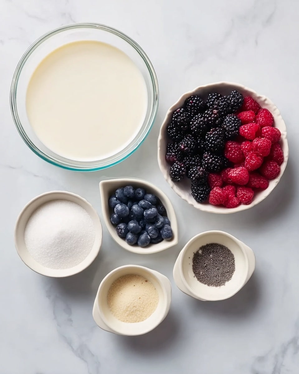 The image shows six bowls arranged on a white marbled surface. The largest bowl on the left is clear glass filled with a smooth, light cream liquid. To its right, a white bowl holds fresh berries in three sections: red raspberries, blackberries, and dark blue blueberries. Below it, a white bowl contains white granulated sugar with a soft texture. To the right, three small white bowls are arranged in a triangle, one with light brown fine powder, the middle smaller one is empty but textured white inside, and the last contains small black specks on a white base. photo taken with an iphone --ar 4:5 --v 7
