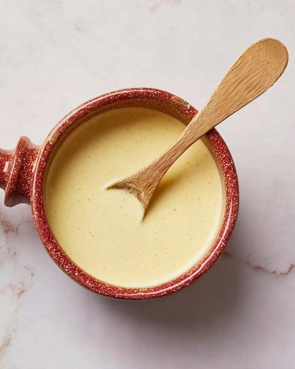 The image shows a small round pot filled with a smooth, light yellow creamy sauce. The pot has a reddish-brown speckled outside and a wooden handle attached on the left side. Inside the pot, there is a light wood spoon resting across the sauce with its tip slightly submerged. The pot sits on a white marbled surface, giving a clean and simple look. Photo taken with an iphone --ar 4:5 --v 7