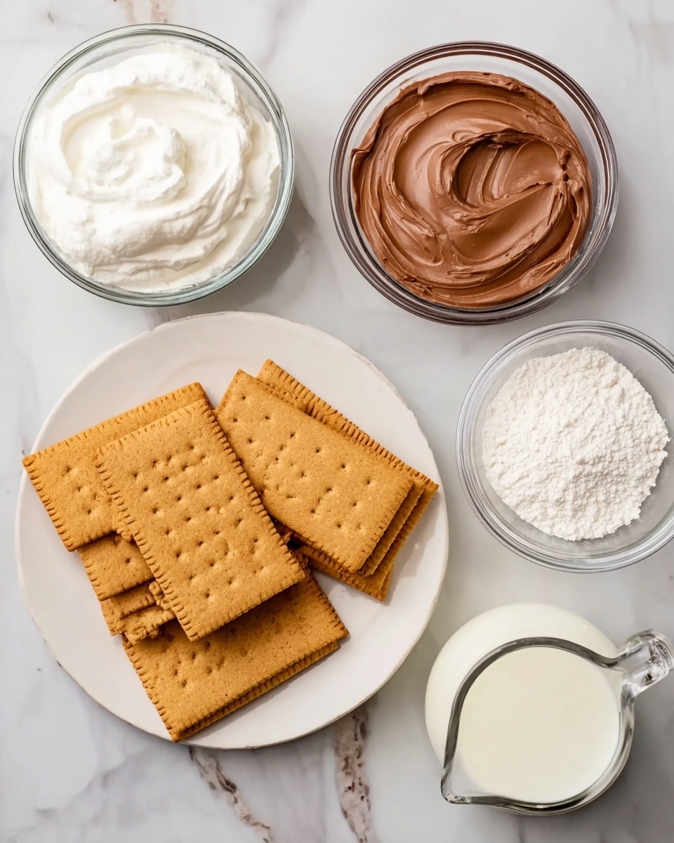 The image shows a white round plate in the center with several light brown rectangular graham crackers stacked in two layers with some crackers overlapping. Surrounding the plate on a white marbled surface are four clear glass bowls: one filled with smooth white cream, another with a smooth brown spread, a smaller bowl with white powder, and a transparent measuring cup with white milk. The textures vary from smooth cream and spread to dry crackers and powder, with soft and rough contrasts. Photo taken with an iphone --ar 4:5 --v 7