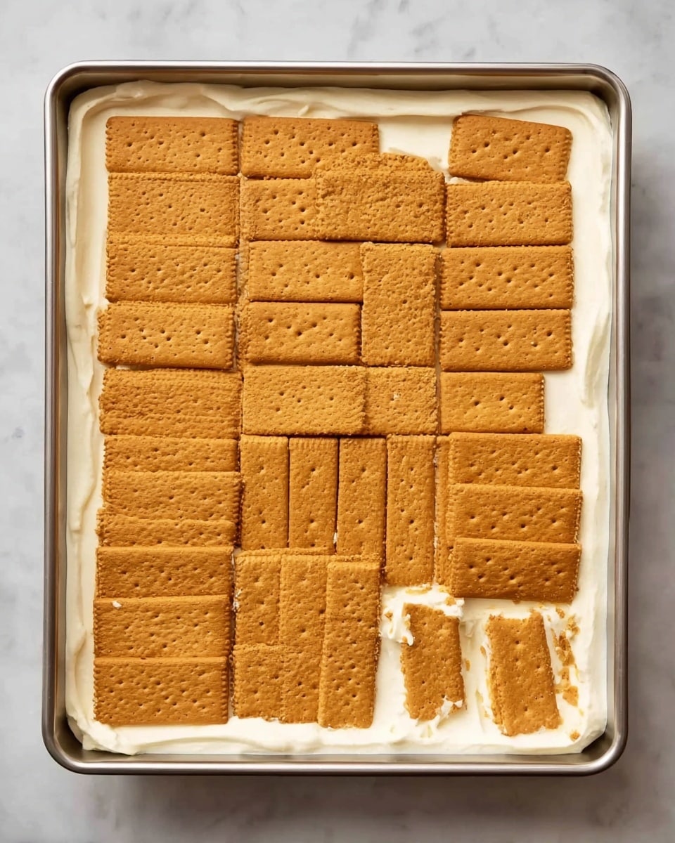 The image shows a rectangular metal tray with a smooth layer of creamy white filling spread evenly across the bottom. On top, there is a single layer of rectangular golden-brown graham crackers arranged neatly in rows, with some crackers broken into smaller pieces to fill the gaps along the edges. The white marbled surface is visible around the tray. The graham crackers have a slightly rough texture with small holes evenly spaced across them. Photo taken with an iphone --ar 4:5 --v 7