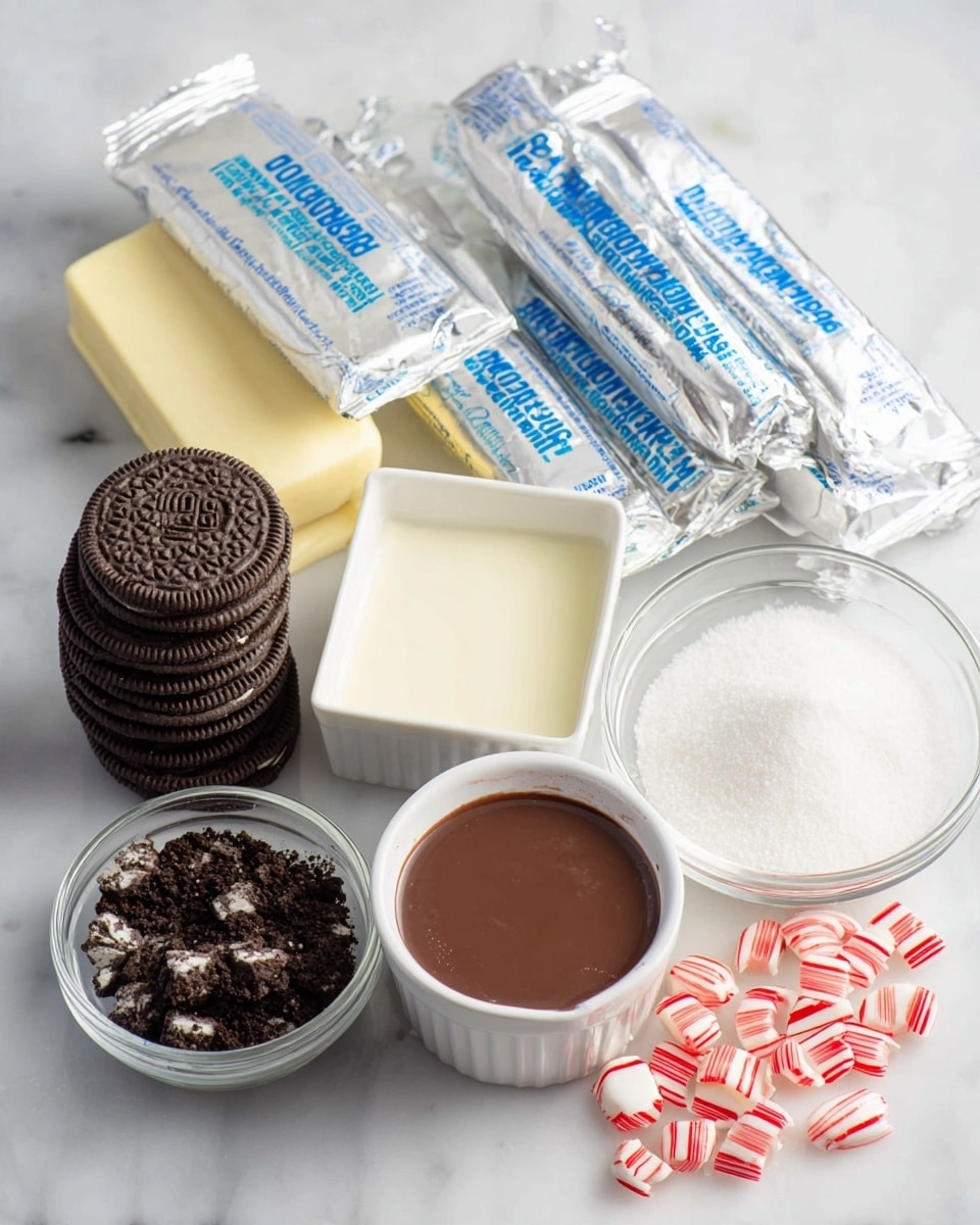 The image shows ingredients arranged on a white marbled surface for a dessert recipe. At the back, there are five wrapped butter sticks with silver foil wrappers, marked with blue text. In front of the butter sticks, from left to right, there are six whole chocolate sandwich cookies stacked neatly, a small white square dish with a creamy white liquid, a white ramekin filled with dark crumbled cookie pieces, a small white bowl holding smooth melted dark chocolate, a clear glass measuring cup filled with cream, a clear round bowl filled with white granulated sugar, and scattered red and white striped peppermint candies. Photo taken with an iphone --ar 4:5 --v 7