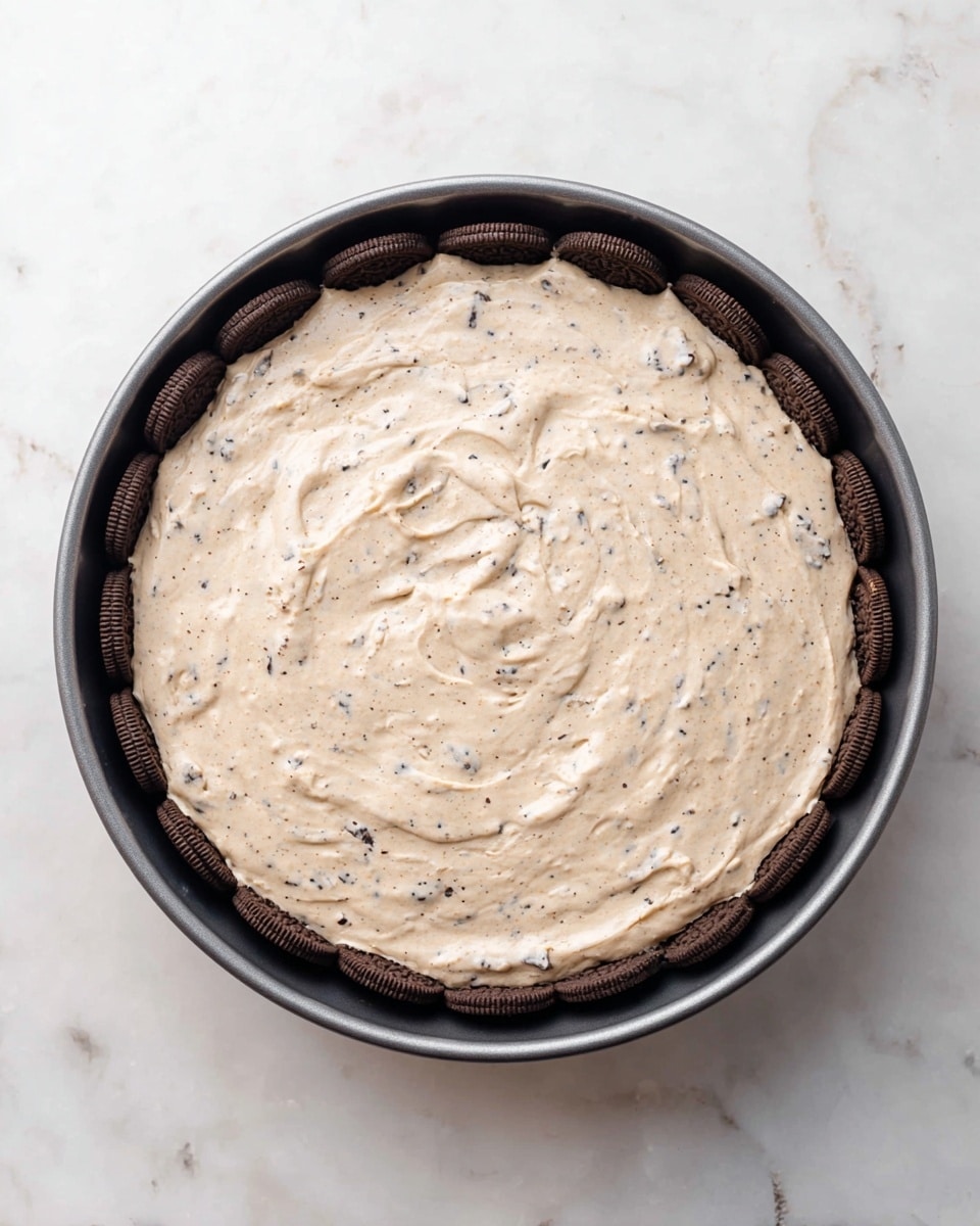 The image shows a round cake pan with two visible layers. The bottom layer is made of dark brown chocolate sandwich cookies arranged in a circle along the edge. The top layer is a thick, creamy mixture with a light beige color and small dark specks spread evenly over the cookies, covering most of them but letting the edges of the cookies peek through slightly. The cake pan sits on a white marbled surface. Photo taken with an iphone --ar 4:5 --v 7