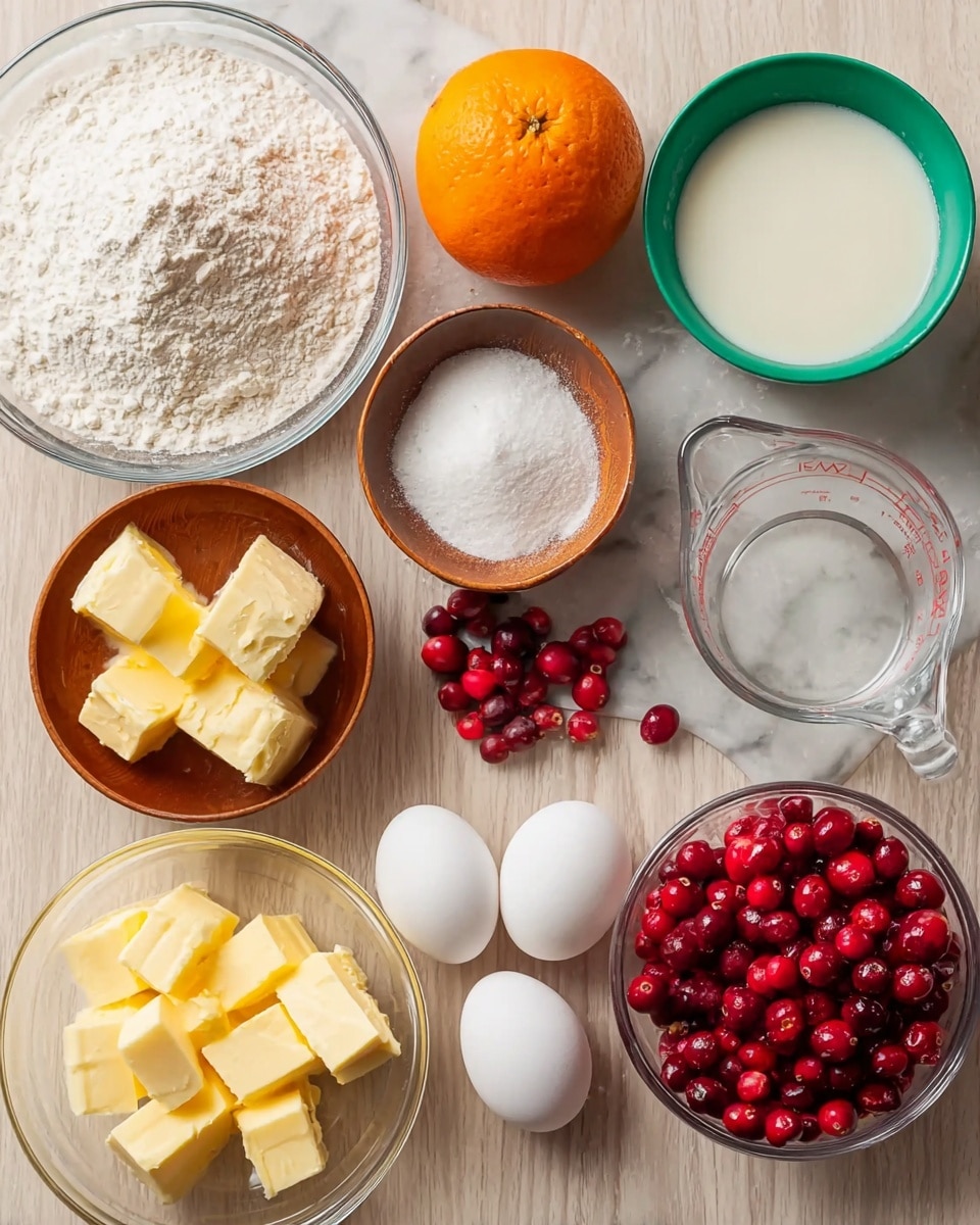 A top view of various baking ingredients placed on a white marbled surface: a clear glass bowl filled with white flour on the left, above a small green bowl with baking powder and a small wooden bowl with salt, a glass measuring cup with milk, and a large bright orange in the center. Nearby, two large white eggs, a clear glass bowl with cut yellow butter pieces, a small white bowl filled with white sugar, and a clear glass measuring cup with fresh red cranberries complete the setup. The wooden surface underneath is replaced by the white marbled texture. photo taken with an iphone --ar 4:5 --v 7
