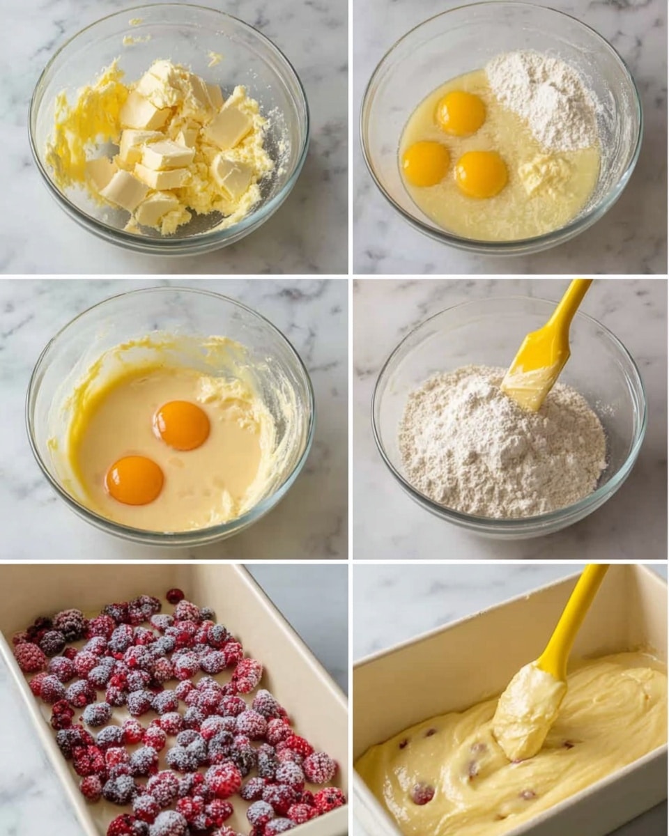 The image shows six steps of making a cake batter in a clear glass bowl on a white marbled surface. First, there is a mix of butter and sugar, creamy and pale yellow in color. Next, two eggs are added on top of the butter mix, bright yellow with shiny yolks. Then, flour is gently added, white and powdery, sitting on the creamy yellow batter. After that, a liquid ingredient is poured in, light golden and smooth, blending into the batter which becomes more fluid. Another step shows red berries, covered in a light frost, placed on top of the thick creamy batter, with a yellow spatula resting in the bowl. Finally, the batter filled with berries is spread evenly in a white rectangular baking pan, ready to bake. photo taken with an iphone --ar 4:5 --v 7