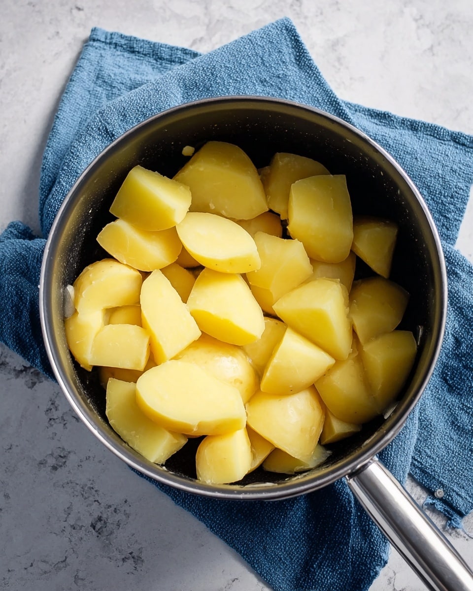 A black pot filled with large pieces of peeled yellow potatoes, cut into chunks and arranged inside the pot. The pot is placed on a white marbled surface with a blue cloth napkin nearby. The handle of the pot is silver and extends to the right. The texture of the potatoes looks smooth and fresh, and the light highlights their soft yellow color. Photo taken with an iphone --ar 4:5 --v 7