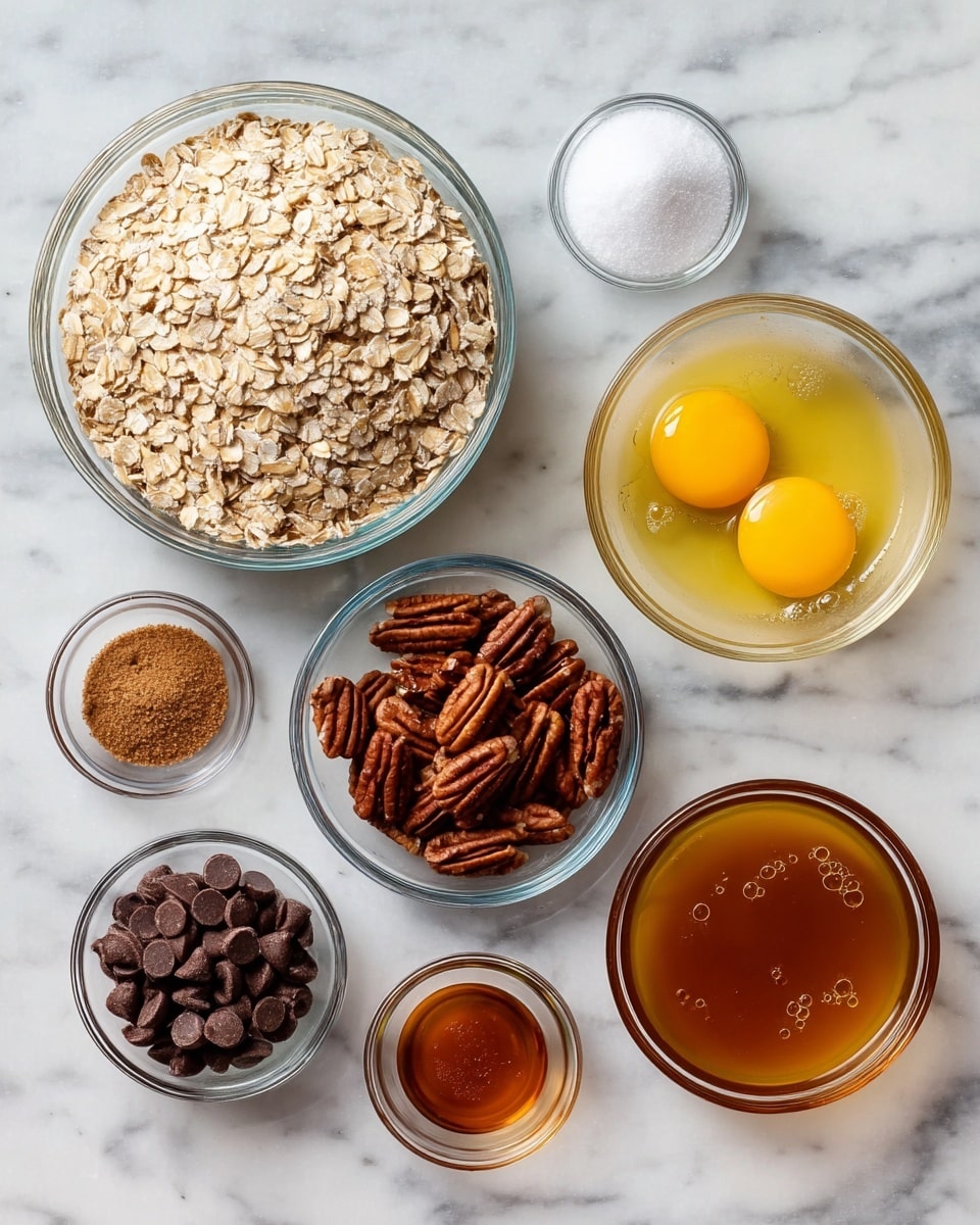 The image shows seven clear glass bowls placed on a white marbled surface, each filled with different ingredients. The largest bowl contains light tan rolled oats with a rough texture, positioned top left. To the right is a bowl with two raw yellow egg yolks resting in clear egg whites. At the top right, a bowl holds fine white granulated sugar. Below the oats, a small bowl is filled with whole pecans, dark brown with ridged shells. Centered below the egg bowl, a slightly larger bowl contains smooth, dark brown chocolate chips. To the right of that, a large bowl is filled with melted golden brown butter with tiny bubbles on the surface. At the bottom left, a tiny bowl holds fine, light brown ground cinnamon, and next to it is another small bowl with amber-colored vanilla extract. The photo is taken with an iphone --ar 4:5 --v 7