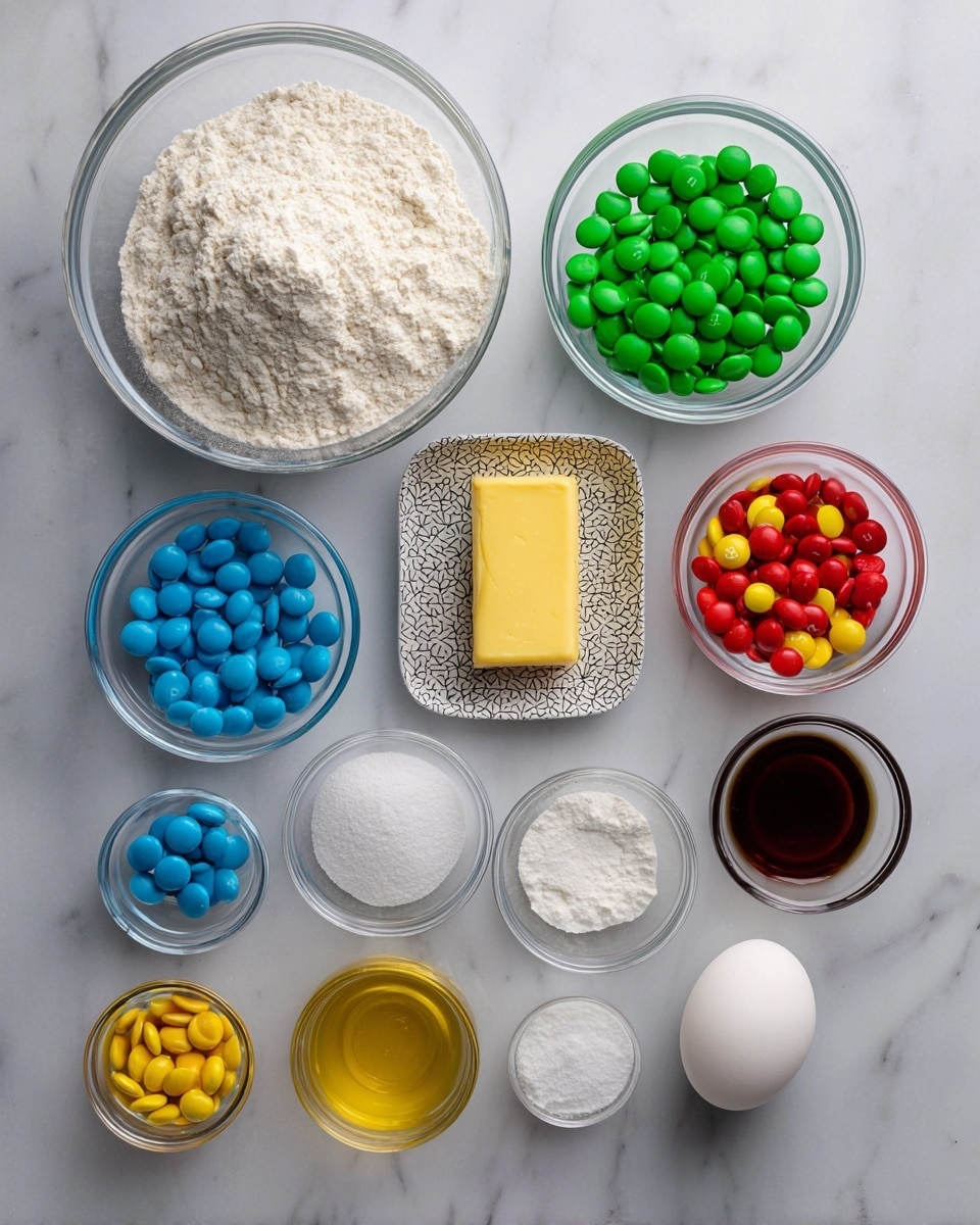 A flat lay of baking ingredients arranged neatly on a white marbled surface. There is one large clear glass bowl filled with white flour at the top left. Below it are smaller clear glass bowls holding white sugar, green candy buttons, red candy buttons, blue candy buttons, and yellow candy buttons, each bowl filled close to the top with bright colorful candies. A small, patterned white dish in the center holds a solid block of yellow butter. Surrounding this are small clear bowls with white salt, baking powder, and vanilla extract. A small white bowl contains golden liquid. To the right of the butter are a single plain white egg and a small glass bowl with dark vanilla extract. The items are evenly spaced in a tidy and colorful arrangement. Photo taken with an iphone --ar 4:5 --v 7
