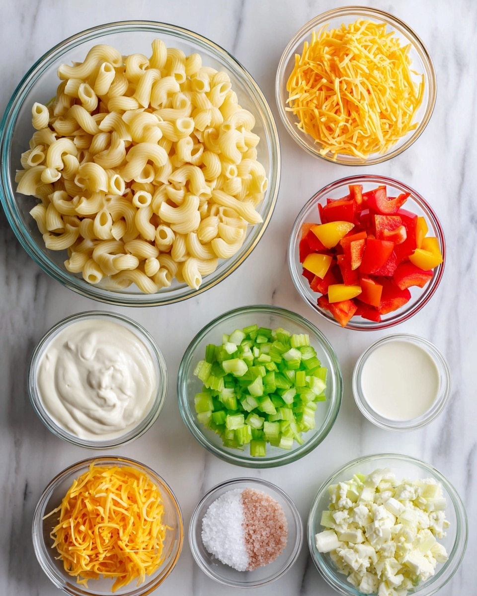 The image shows a top view of various ingredients for a recipe arranged neatly on a white marbled surface. At the top center, there is a clear glass bowl filled with large elbow pasta, pale yellow and ridged. Around it, there are smaller clear glass bowls containing shredded cheddar cheese in bright orange and chopped sweet bell peppers in yellow and red. White bowls hold celery, finely chopped and bright green, sour cream with a smooth white texture, mayonnaise with a creamy off-white appearance, milk with a clean white liquid, sugar as fine white crystals, vinegar as a clear liquid, and sea salt as pinkish-white grains. All bowls are placed with clear spacing, showing the colors and textures distinctly. photo taken with an iphone --ar 4:5 --v 7