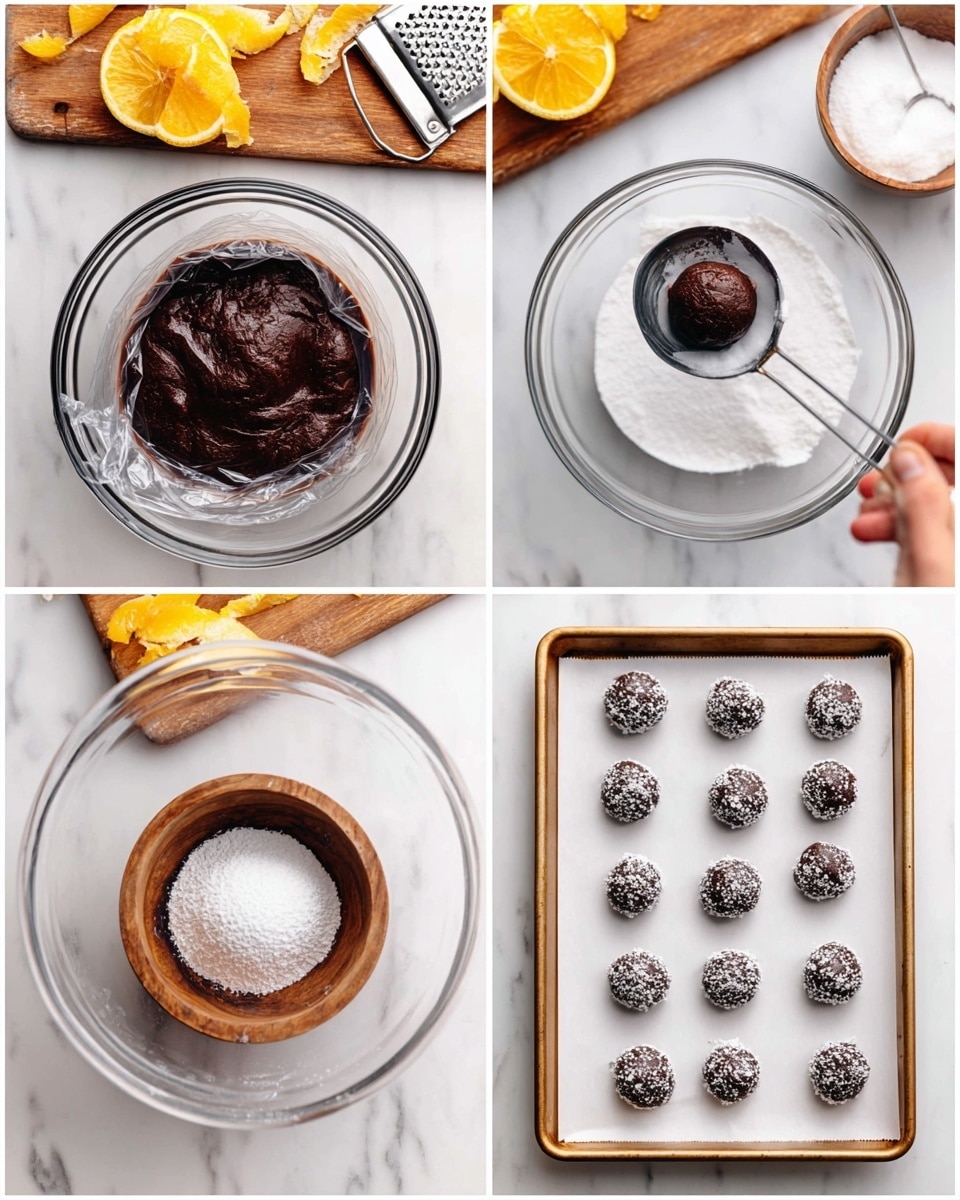 Four images show the process of making chocolate crinkle cookie dough balls. Image one features a clear glass bowl filled with thick, dark brown chocolate dough covered with plastic wrap on a white marbled surface. The top left corner shows an orange peel and a grater on a wooden cutting board. Image two shows the same bowl without plastic wrap, revealing the shiny and dense chocolate dough. A silver scoop with a dark chocolate ball is held above the bowl, next to a wooden bowl of white sugar. Image three shows the wooden bowl filled with white sugar and a chocolate dough ball coated in sugar sitting on top. Image four shows a white baking tray lined with white parchment paper, arranged with 15 dark chocolate sugar-coated dough balls in neat rows on the white marbled texture background. Photo taken with an iphone --ar 4:5 --v 7