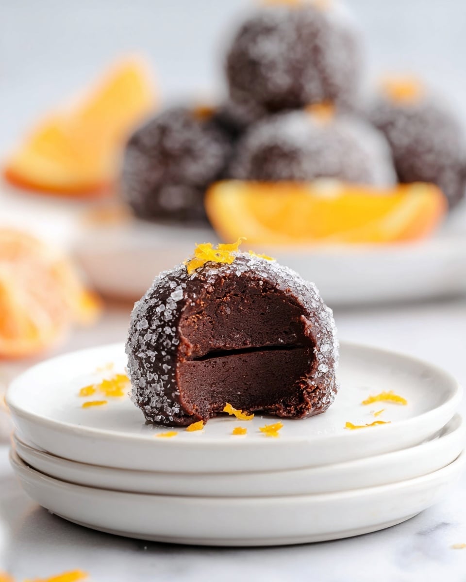 The image shows a close-up of a single chocolate dessert ball on a stack of two white plates, placed on a white marbled surface. The ball is coated with a layer of sugar crystals, giving it a slightly rough texture, and is cut in half to reveal three dense, smooth, dark chocolate layers inside. Small pieces of orange zest are scattered around the plate and on top of the chocolate ball, adding a bright color contrast. In the background, there are more chocolate balls placed on a white plate, with blurred orange slices further behind them. Photo taken with an iphone --ar 4:5 --v 7
