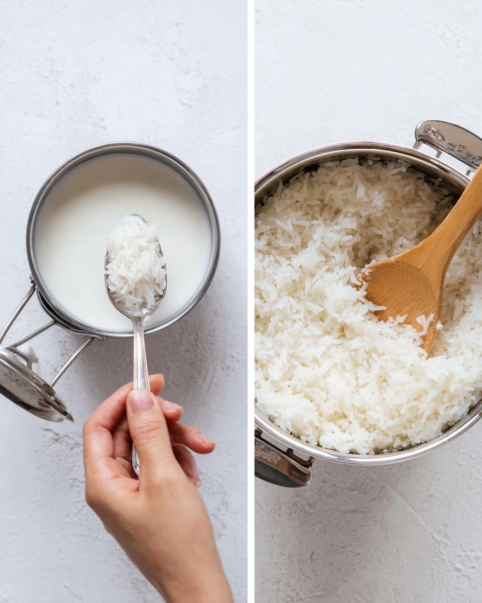 The image shows two scenes side by side on a white marbled texture. On the left, a woman's hand is holding a silver spoon scooping a thick white liquid from a small silver saucepan with a matching lid resting nearby. On the right, a close-up view of cooked white rice fills a medium silver pot with a wooden spoon partially buried in the fluffy grains. Both scenes focus on simple cooking steps with clean utensils and neutral tones. photo taken with an iphone --ar 4:5 --v 7