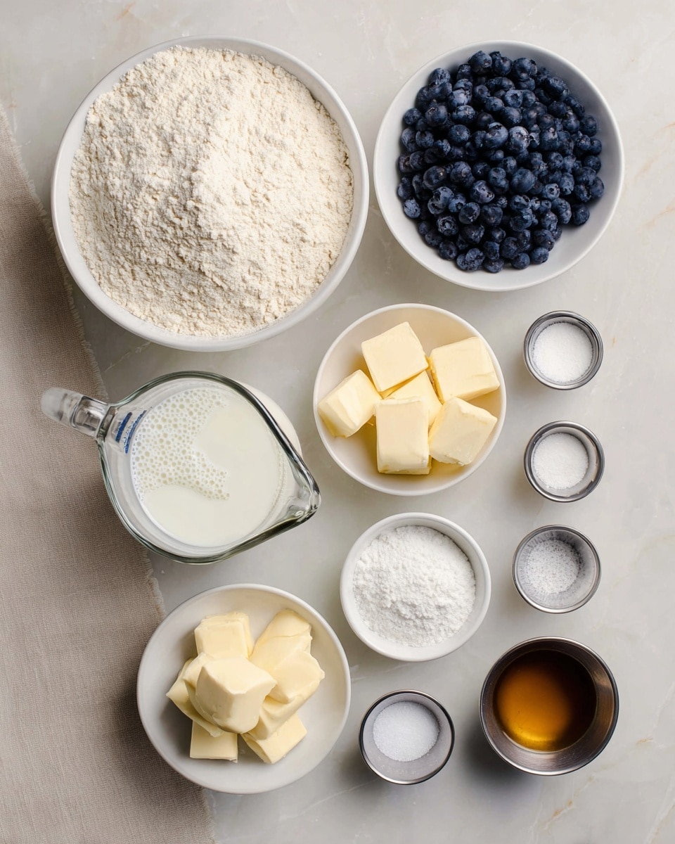 The image shows various ingredients arranged neatly on a white marbled surface. On the left side, there is a large white bowl filled with light beige flour, next to it a smaller white bowl full of fresh dark blue blueberries. Below the flour, there is another white bowl holding several pieces of pale yellow butter. A clear glass measuring cup filled with white milk with tiny bubbles sits below the butter bowl. To the right of the milk cup is a small metal bowl with pale yellow cubes of butter. Above it, a white bowl filled with white granulated sugar is placed beside three small metal bowls containing white salt, white baking powder, and another white ingredient. At the bottom right, there is a small metal bowl with a dark amber liquid. A beige cloth rests on the lower left corner of the frame. The photo taken with an iphone --ar 4:5 --v 7