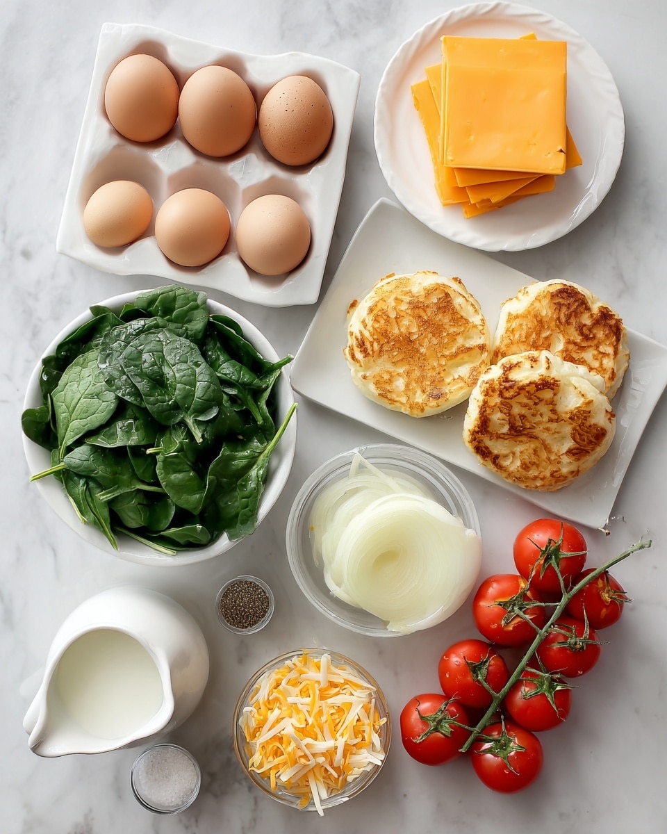 A white square bowl filled with eight brown eggs sits at the top left of the frame. To its right, a small white plate holds neat stacks of square orange cheddar cheese slices. Below the eggs is a white fluted bowl filled with fresh green spinach leaves. Next to the spinach, on the right, are two round toasted English muffins with a brown, slightly crispy top, placed on a white marbled surface. A bunch of bright red cherry tomatoes on the vine lies diagonally at the bottom right. Below the spinach and muffins is a halved white onion showing its pale yellow layers. Next to the onion is a small white bowl filled with shredded cheddar cheese. At the lower left corner, a tiny white container holds salt and pepper. Near the salt and pepper is a small glass pitcher filled with milk. All items are arranged on a white marbled background, photo taken with an iphone --ar 4:5 --v 7