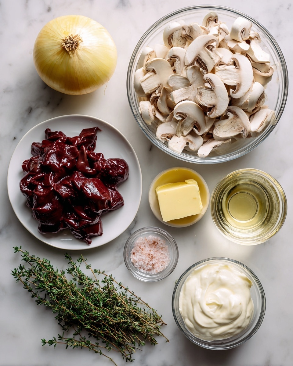 The image shows raw ingredients laid out on a white marbled surface. In the center-left, there is a white plate filled with dark red chicken livers with a shiny texture. Above it, a whole yellow onion with a smooth skin is placed next to a small clear bowl of light yellow butter. On the top-right, a large clear glass bowl holds many sliced white mushrooms, showing their light tan and white colors. Below the mushrooms, there is a small clear glass filled with pale yellow white wine. Towards the bottom center, a small clear bowl contains coarse sea salt with a slightly pinkish tint. Next to it on the bottom left, bunches of fresh green thyme sprigs add a touch of bright color. At bottom right, a small clear bowl is filled with white sour cream with a soft, creamy texture. photo taken with an iphone --ar 4:5 --v 7