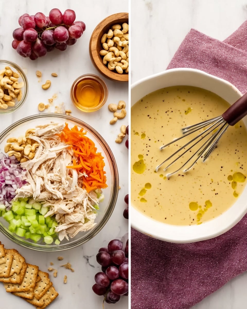 The first image shows a white bowl filled with a creamy, light yellow sauce with a smooth texture, lightly speckled with black pepper and drizzled with a bit of oil on top. A small whisk with a dark handle is resting in the bowl. Around the bowl are some red grapes, a few cashew nuts, a small wooden bowl filled with honey, and a folded mauve napkin underneath the bowl. The surface is a white marbled texture. In the second image, a white glass bowl holds a layered mix of ingredients: shredded light-colored chicken on the top left, chopped pale green celery on the bottom left, thin orange carrot strips on the bottom right, finely diced red onion on the top right, and a generous drizzle of creamy light yellow sauce mixed with some cashews on top. Around the bowl on the white marbled surface are red grapes, a small bowl of honey, a small bowl of chopped celery, a mauve napkin, and a stack of light brown crackers to the left. The items are neatly arranged and visually colorful. photo taken with an iphone --ar 4:5 --v 7