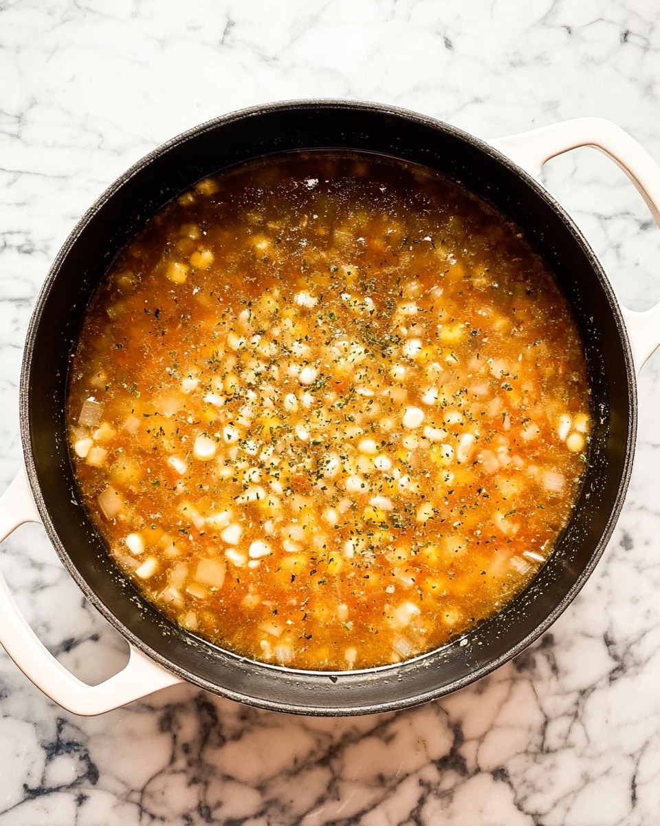 A black pot with white handles holds a soup with two visible layers on a white marbled surface. The bottom layer is a light reddish-brown broth with small diced vegetables, giving a textured look. The top layer shows scattered pieces of white corn kernels spread over the broth. The soup surface is sprinkled lightly with small dark green dried herbs evenly across. Photo taken with an iphone --ar 4:5 --v 7