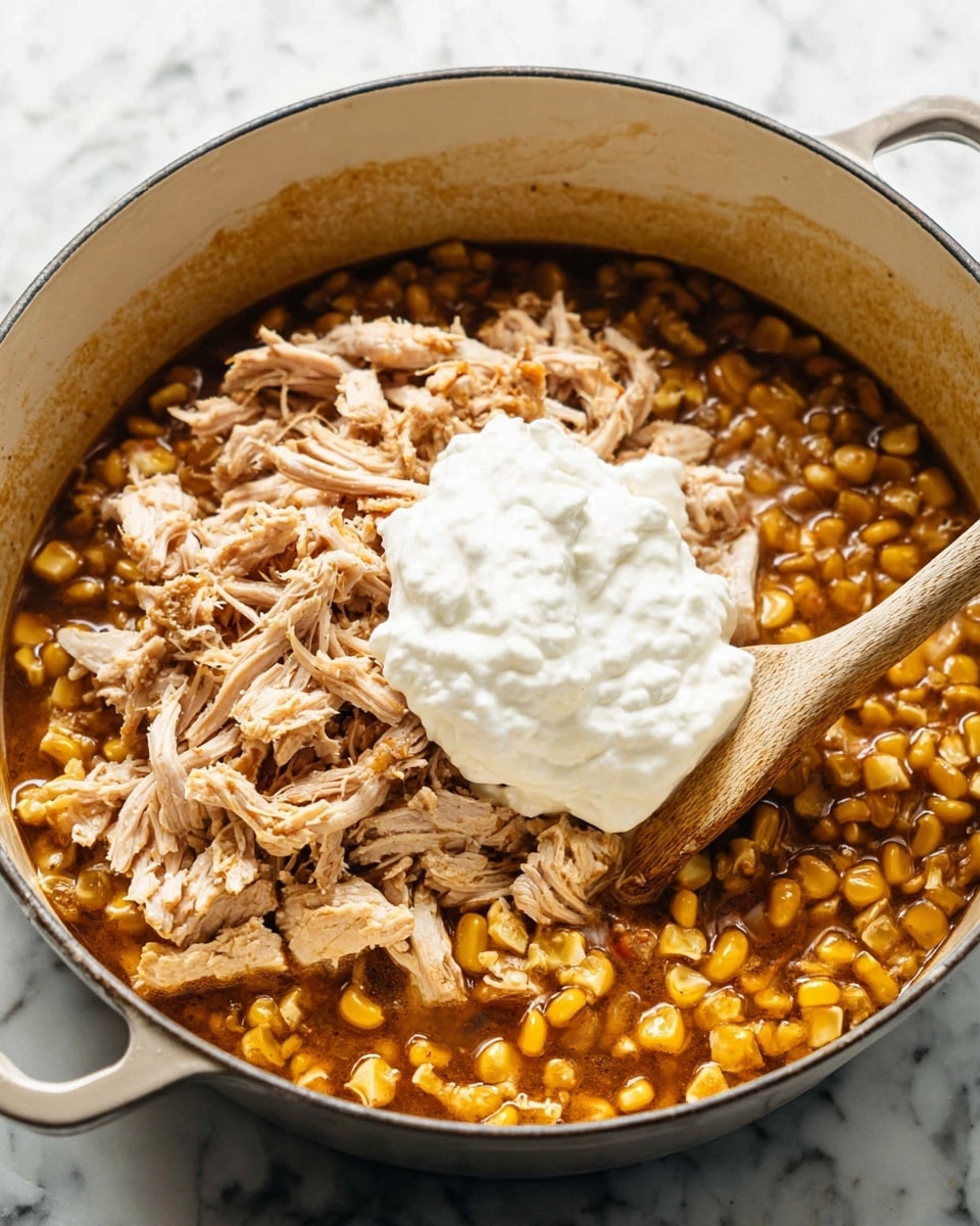 A large white pot sits on a white marbled surface, filled with three main layers of food. The bottom layer is a simmering mix of small yellow corn kernels in a rich brown sauce. On top of this is a layer of shredded light brown cooked meat spread evenly. The top layer is a dollop of thick white creamy sauce placed in the center over the meat. A wooden spoon with a light brown handle is resting inside the pot on one side. Photo taken with an iphone --ar 4:5 --v 7