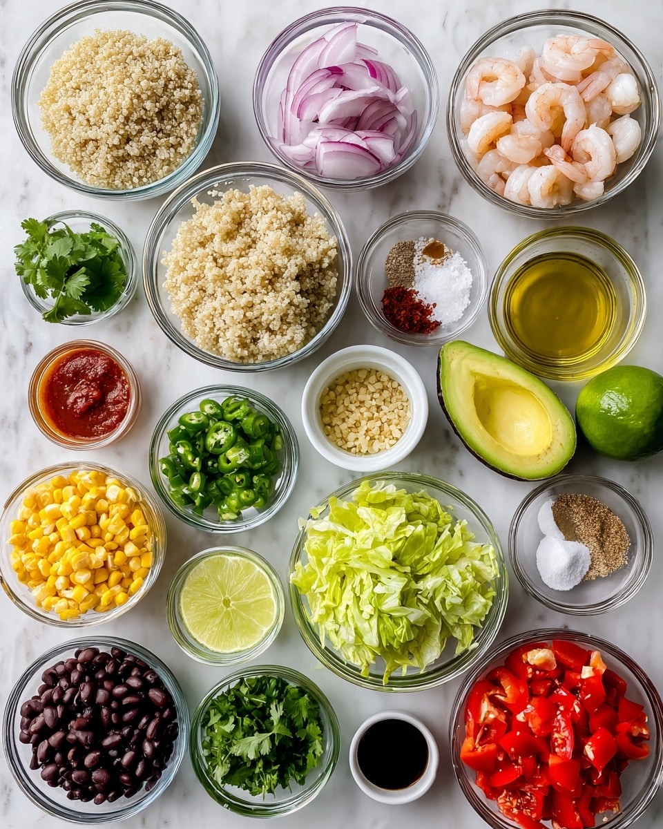 The image shows multiple small clear glass bowls arranged on a white marbled surface, each filled with different ingredients: pale beige quinoa, pink shallot slices, bright green cilantro leaves, golden yellow olive oil, deep red wine vinegar, white salt, grayish garlic cloves, red pepper flakes, raw gray shrimp, bright yellow corn, shredded light green lettuce, shiny black beans, light green avocado slices, finely chopped bright green jalapeno, chopped darker green cilantro, diced red tomatoes, white diced onion, pale yellow lime juice, and small dishes holding salt and seasonings like garlic powder, cayenne pepper, and chipotle pepper powder. Each bowl is filled with fresh, colorful ingredients placed neatly, showing a clean and organized food prep setup. Photo taken with an iphone --ar 4:5 --v 7
