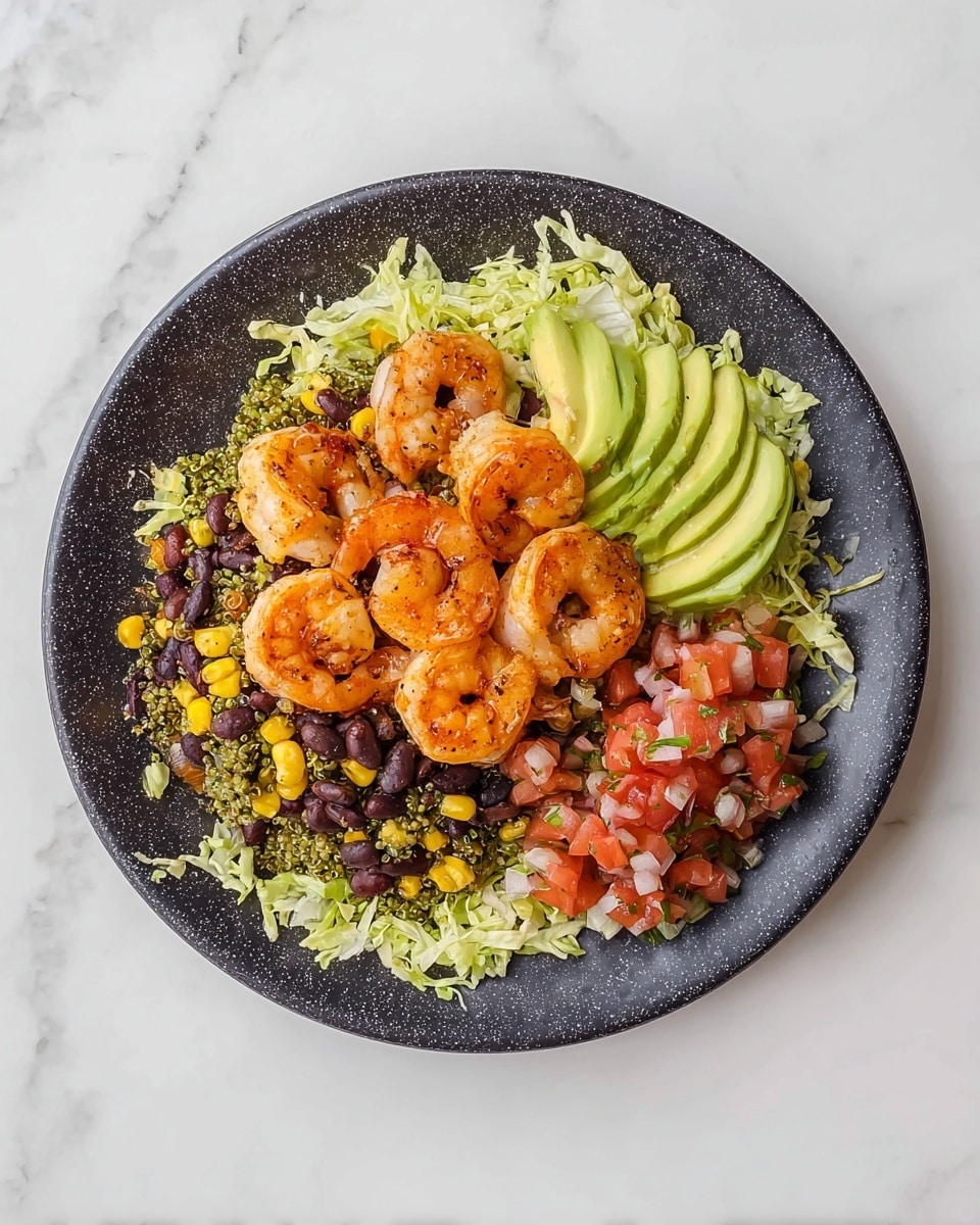 The dish is on a dark speckled round plate placed on a white marbled surface. The base layer is a bed of green quinoa mixed with yellow corn kernels and black beans, covering the bottom left side to the center. On top of the quinoa mix, there are five cooked shrimp, orange with light grill marks, arranged near the center and right side. The shrimp sit partly on thin, shredded pale green lettuce that spreads around the outer edge of the plate. There are also slices of light green avocado placed under and around the shrimp. At the bottom right, there is a small heap of fresh salsa made of red diced tomatoes and white onion pieces. The colors are fresh and the textures varied between soft, firm, and tiny grains. photo taken with an iphone --ar 4:5 --v 7