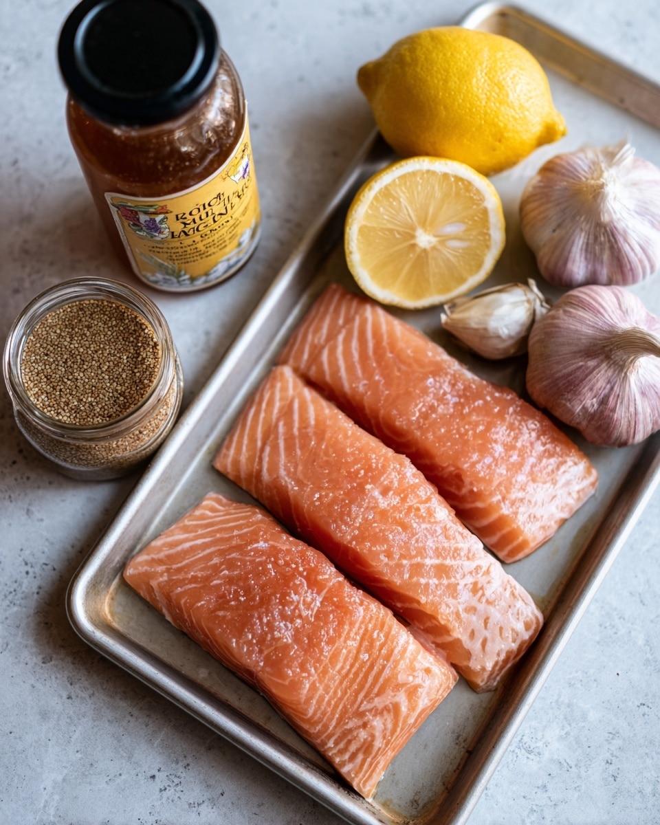 The image shows three pieces of raw salmon placed evenly on a silver baking sheet on the right side. On the left side, arranged on a white marbled surface, there is a bottle of raw and unfiltered honey, a bottle of grainy mustard, half a lemon, and two garlic bulbs grouped close together. The colors range from the pink-orange of the salmon to the dark brown of the honey, the yellow and brown speckled mustard, the bright yellow lemon, and the off-white garlic. photo taken with an iphone --ar 4:5 --v 7