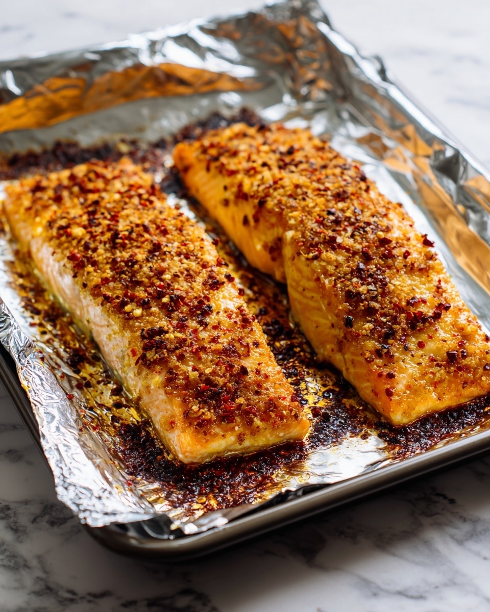 The image shows two pieces of cooked salmon fillets placed close to each other on a baking tray lined with shiny aluminum foil. Each salmon fillet has a thick, rectangular shape and is topped with a golden-brown crust made from a mix of spices and small crunchy bits. The crust is uneven and glossy, with tiny bits of black and red spices spread all over. The edges of the foil around the salmon are darkened and crisp, showing where the juices have caramelized from cooking. The background is a smooth white marbled surface under the tray. photo taken with an iphone --ar 4:5 --v 7