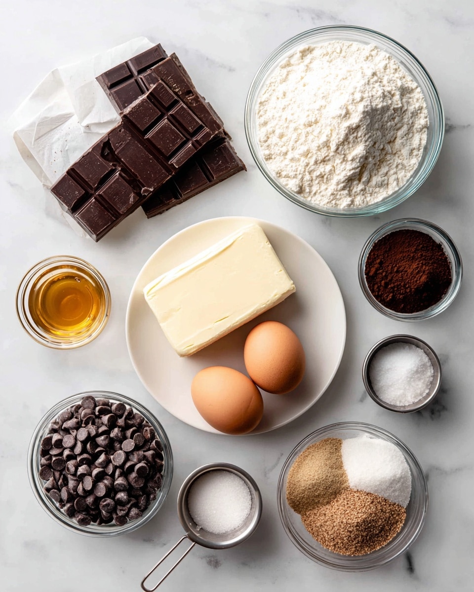 The image shows chocolate chip cookie ingredients arranged neatly on a white marbled surface. At the top left is a slightly angled bar of dark chocolate wrapped in white parchment paper. To its right, there is a clear glass bowl filled with white flour, and next to that is a small clear bowl with dark brown cocoa powder. In the center, a white plate holds a stick of butter in its wrapper lying over three brown eggs. To the right of the plate is a small metallic cup filled with white salt. Below the plate, there is a small clear glass bowl with a light and dark brown sugar mix, and to its left is a metal measuring cup filled with dark chocolate chips. At the bottom left corner, a small clear bowl holds golden vanilla extract. Everything is orderly placed with simple labels above each ingredient, making the scene clean and organized. photo taken with an iphone --ar 4:5 --v 7