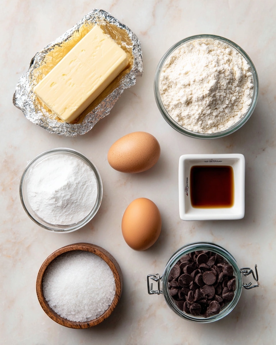 The image shows an arrangement of baking ingredients on a white marbled surface. In the top left, there is a light yellow slab of butter partially unwrapped from silver foil. Below the butter is an open glass jar filled with white gluten free flour. To the right of the butter, a white bowl holds fine white powdered sugar. Centered in the middle is a single brown egg. Below the egg to the left is a round wooden container with a lid, filled with coarse white sea salt. In the bottom right corner, a glass jar with a clip lid is filled with dark chocolate chips. Above this jar, a small white square dish contains amber-colored vanilla extract. Each ingredient is clearly visible and neatly placed in the frame. photo taken with an iphone --ar 4:5 --v 7